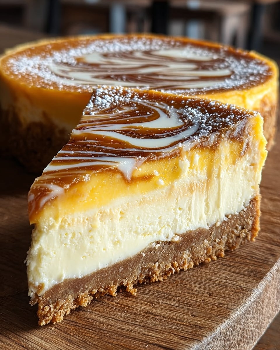 A round cheesecake is cut to show three main layers: the bottom layer is a crumbly brown crust, the middle layer is thick and creamy pale yellow cheesecake with light brown swirls, and the top layer is a smooth glossy caramel with darker caramel swirls, sprinkled lightly with white powdered sugar. It sits on a wooden surface. photo taken with an iphone --ar 4:5 --v 7