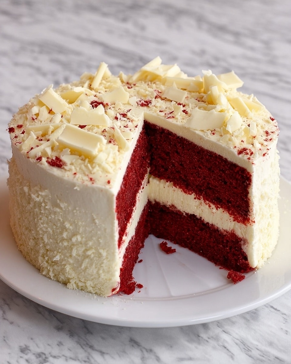 A round cake with two deep red cake layers separated by a thick white cream layer in the middle, all covered with smooth white frosting on the outside. The top of the cake is decorated with small white chocolate shavings, adding texture and detail. A wedge-shaped slice is cut out from the cake, showing the vivid red inside and creamy contrast clearly. The cake sits on a white plate, and the background is changed to a white marbled texture. photo taken with an iphone --ar 4:5 --v 7