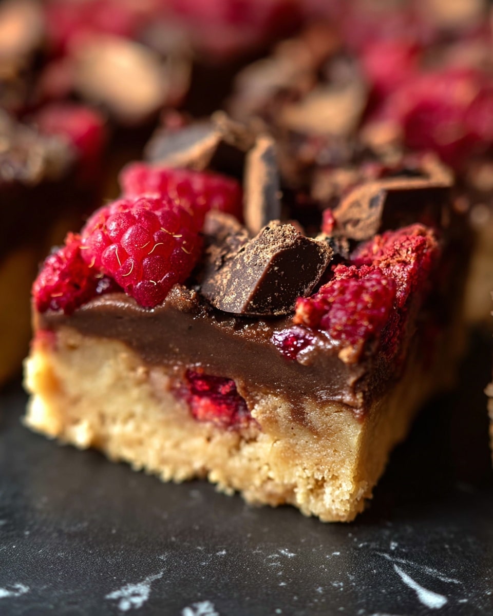 The image shows a close-up of a dessert bar with three clear layers. The bottom layer is a light tan crumbly crust with a slightly coarse texture. The middle layer is thick, dark brown chocolate filling that looks rich and dense. On top, there are pieces of irregular chocolate chunks mixed with bright red raspberries, adding fresh color and rough texture. The dessert is placed on a dark surface, but the background is changed to a white marbled texture. photo taken with an iphone --ar 4:5 --v 7
