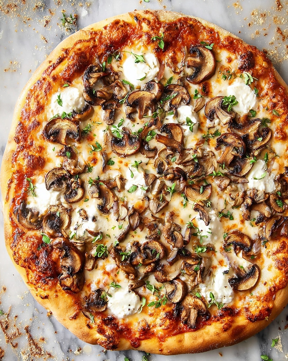 A round pizza with a golden-brown crust on a white marbled surface sprinkled with some crumbs and herbs. The base is a layer of melted red tomato sauce topped with an even layer of melted cheese with slightly browned spots. Scattered across the pizza are many browned, sliced mushrooms giving it a textured look, along with dollops of soft white cheese spread in irregular patches. Small green herb leaves are sprinkled across the pizza, adding a fresh touch. The pizza looks cooked to perfection with a mix of creamy, earthy, and crispy textures visible. Photo taken with an iphone --ar 4:5 --v 7