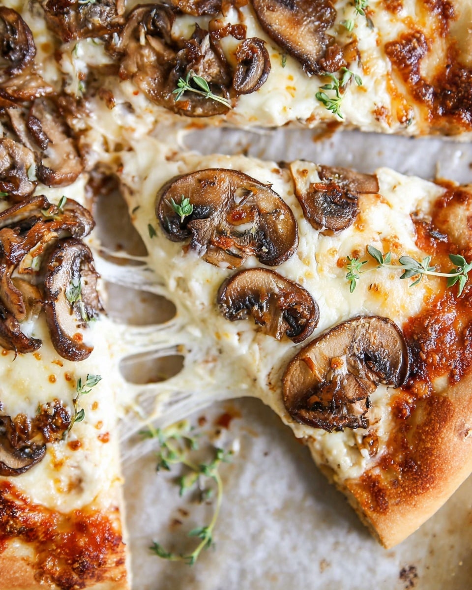A close-up image of a mushroom pizza slice being pulled away from the whole pizza, showing melted stretchy white cheese between the slice and the rest. The pizza has three main layers: a golden-brown crust on the outside, a layer of melted white cheese mixed with some red tomato sauce underneath, and topped with sautéed brown mushrooms and small green herb sprigs scattered across the top. The crust edges are thick and slightly browned, and the surface is glossy and a bit oily from the cooked mushrooms. The pizza rests on a lightly baked white surface with slight burn marks where the crust touches. Photo taken with an iphone --ar 4:5 --v 7