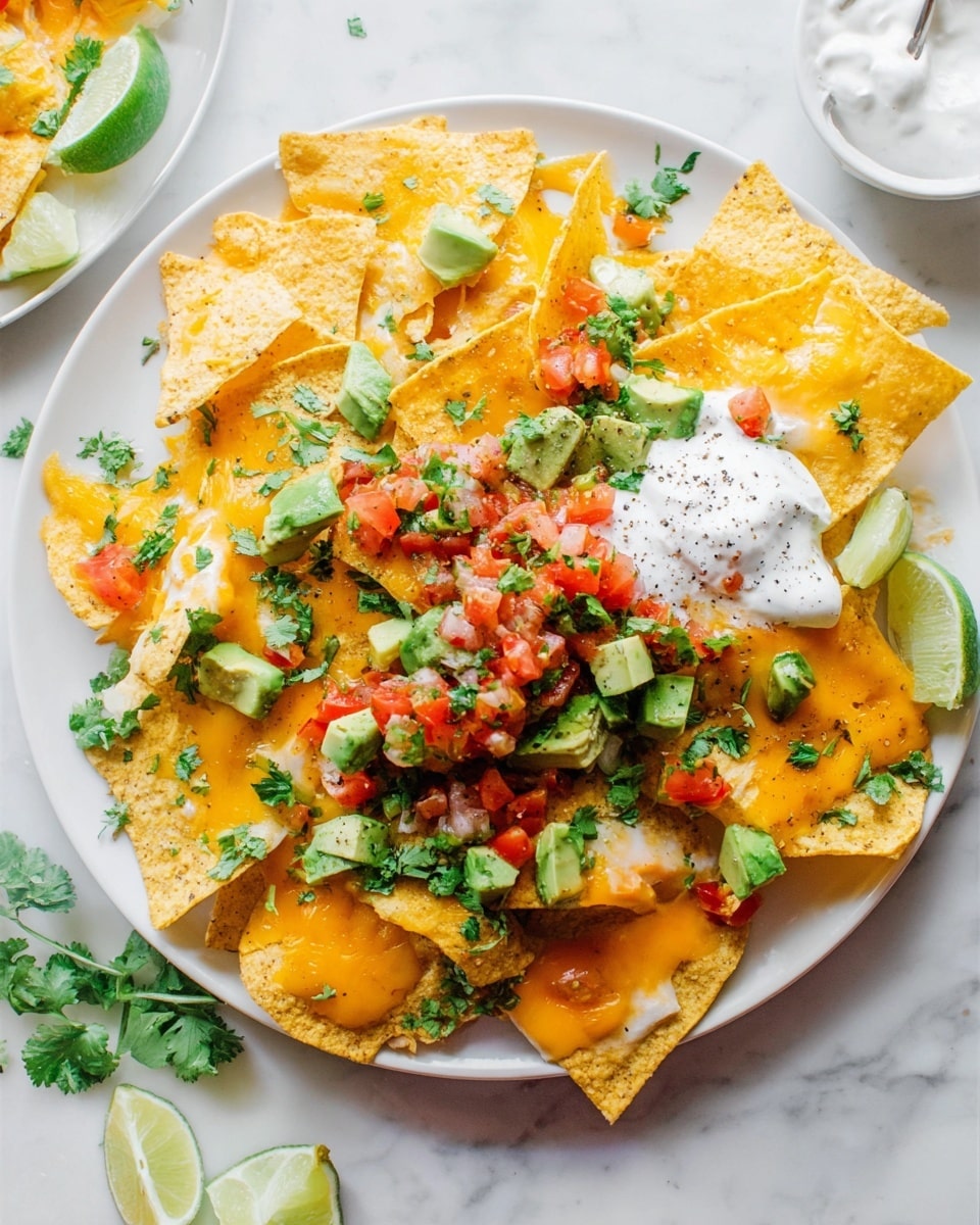 A white plate with one layer of triangular yellow corn tortilla chips covered by melted orange cheddar cheese, topped with fresh green cilantro leaves scattered across, diced green avocado chunks, and colorful red and green tomato salsa made of finely chopped tomatoes, onions, and jalapeños in the center and on the sides. There is a dollop of white sour cream with black pepper near the edge. Lime wedges with a bright green color rest on the chips and around the plate on a white marbled surface. Photo taken with an iphone --ar 4:5 --v 7
