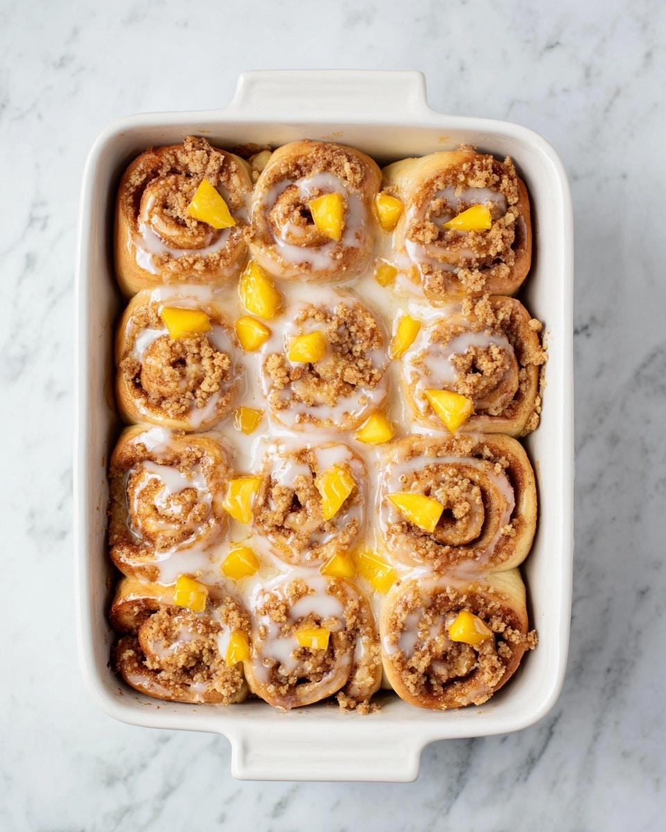The image shows a white rectangular baking dish filled with nine cinnamon rolls arranged in three rows of three. Each cinnamon roll is golden brown with a soft, swirled texture and sprinkled with crumbly topping. They are covered with a light, creamy white glaze that flows over the rolls and pools at the bottom of the dish. Small, bright yellow fruit pieces, likely diced peaches, are scattered on top of the cinnamon rolls and glaze, adding a pop of color. The dish rests on a white marble surface with subtle gray veining. photo taken with an iphone --ar 4:5 --v 7