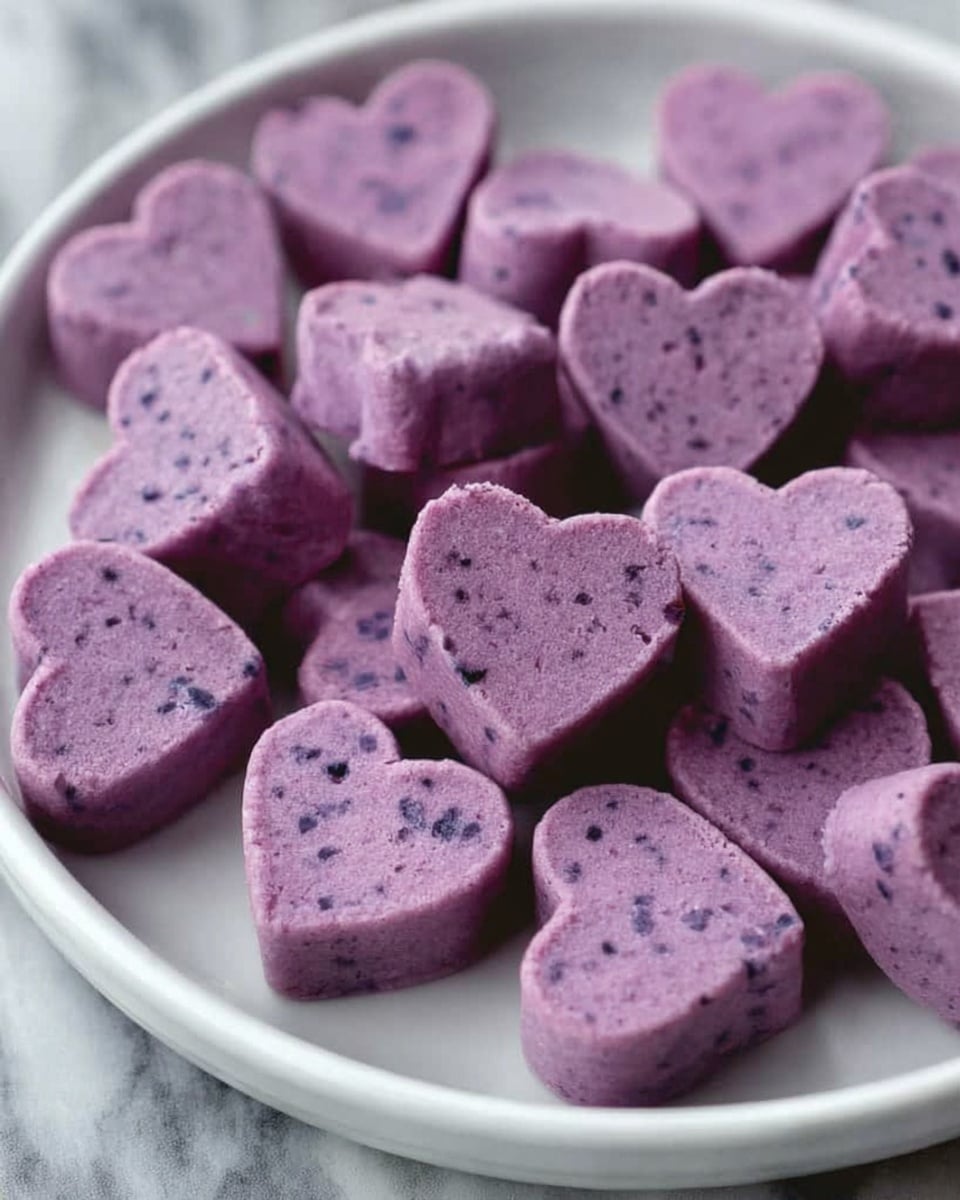 The image shows a white plate filled with small purple snacks shaped like hearts and little flowers. These snacks have a smooth but slightly rough texture with tiny darker spots inside them, giving a natural look. The shapes are well-defined with some depth, showing they are thick pieces arranged closely together. The plate sits on a white marbled surface, adding a clean and bright feel to the image. Photo taken with an iphone --ar 4:5 --v 7