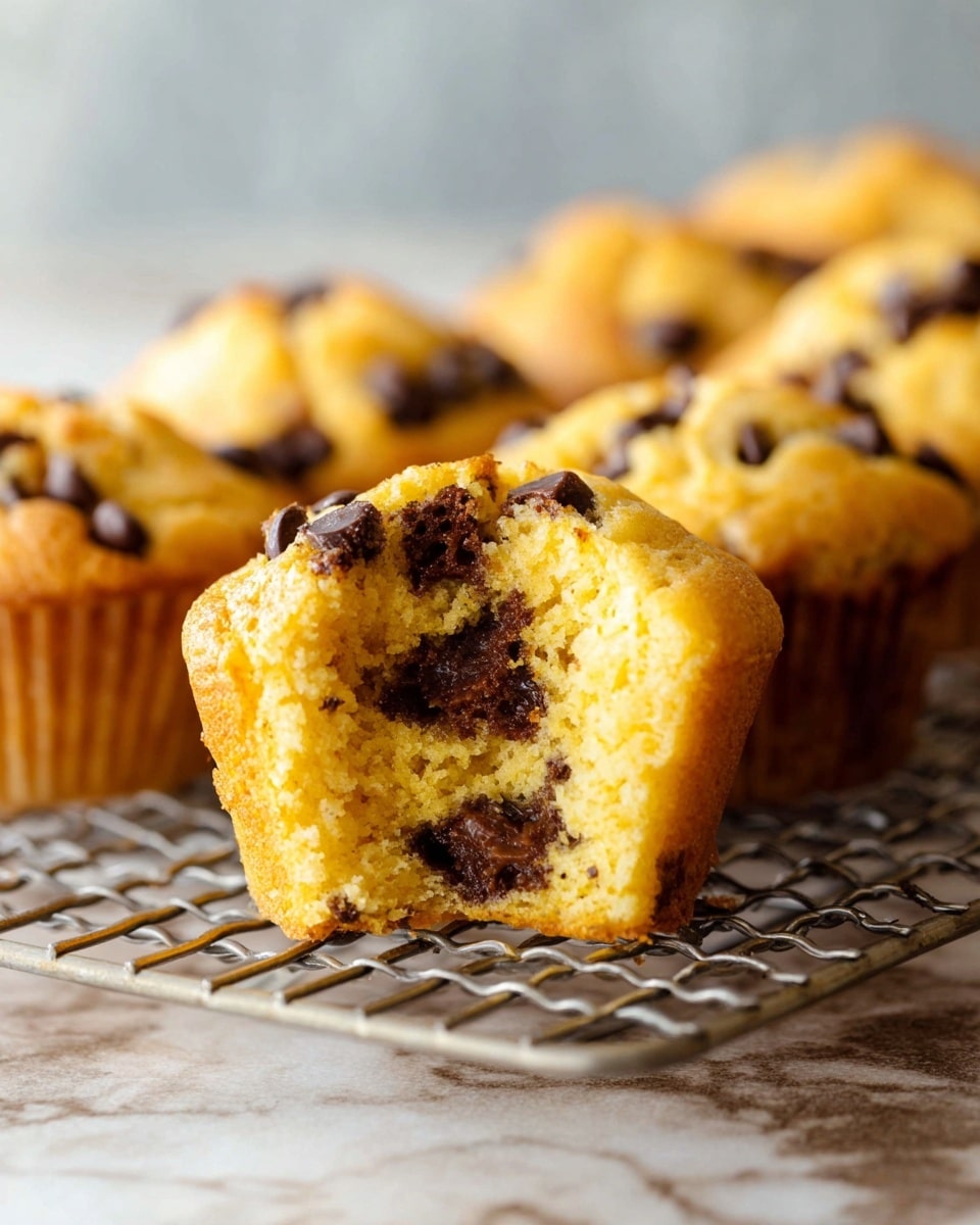 The image shows a close-up of a yellow muffin with a soft and airy texture, cut in half to reveal melted dark brown chocolate chips inside. The muffin top is golden with slightly darker brown chocolate chips scattered on the surface. Surrounding the cut muffin are several whole muffins with the same golden-brown tops and visible chocolate chips. All muffins are placed on a silver wire cooling rack set on a white marbled surface. In the background, the scene is blurred to focus on the muffin pieces in front. Photo taken with an iphone --ar 4:5 --v 7