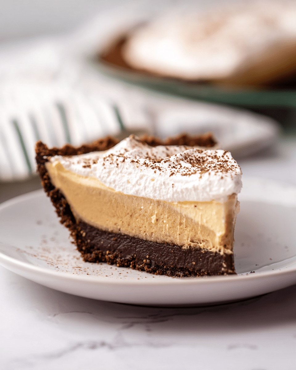 A slice of pie on a white plate with three visible layers: the bottom layer is a dark brown crust with a crumbly texture, the middle layer is a smooth light tan custard, and the top layer is a fluffy white whipped cream sprinkled with fine cocoa powder. The slice has a thick, slightly messy crust edge, and the background shows a blurred pie and a light striped cloth on a white marbled surface. Photo taken with an iphone --ar 4:5 --v 7