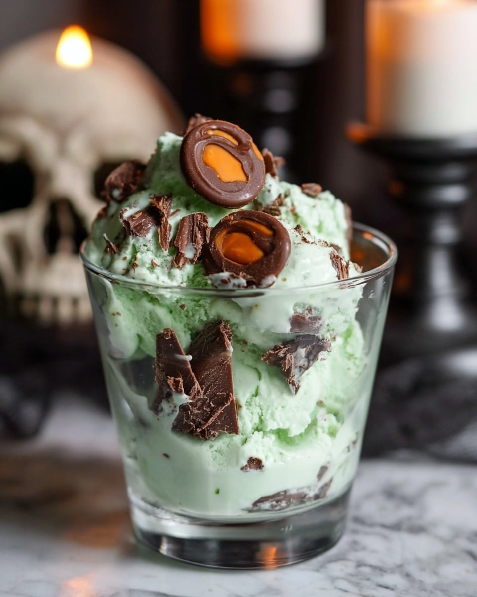 A clear glass is filled with three main layers of light green mint ice cream, creamy and soft in texture. Mixed throughout the ice cream are chunks of dark chocolate scattered unevenly, adding rough texture and dark brown color. On top, there are flat round pieces of chocolate decorated with a bright orange swirl in the center, positioned prominently as garnish. The glass is placed on a white marbled surface and the background is blurred, showing a dark candle holder with lit white candles and a skeleton figure in soft focus. photo taken with an iphone --ar 4:5 --v 7