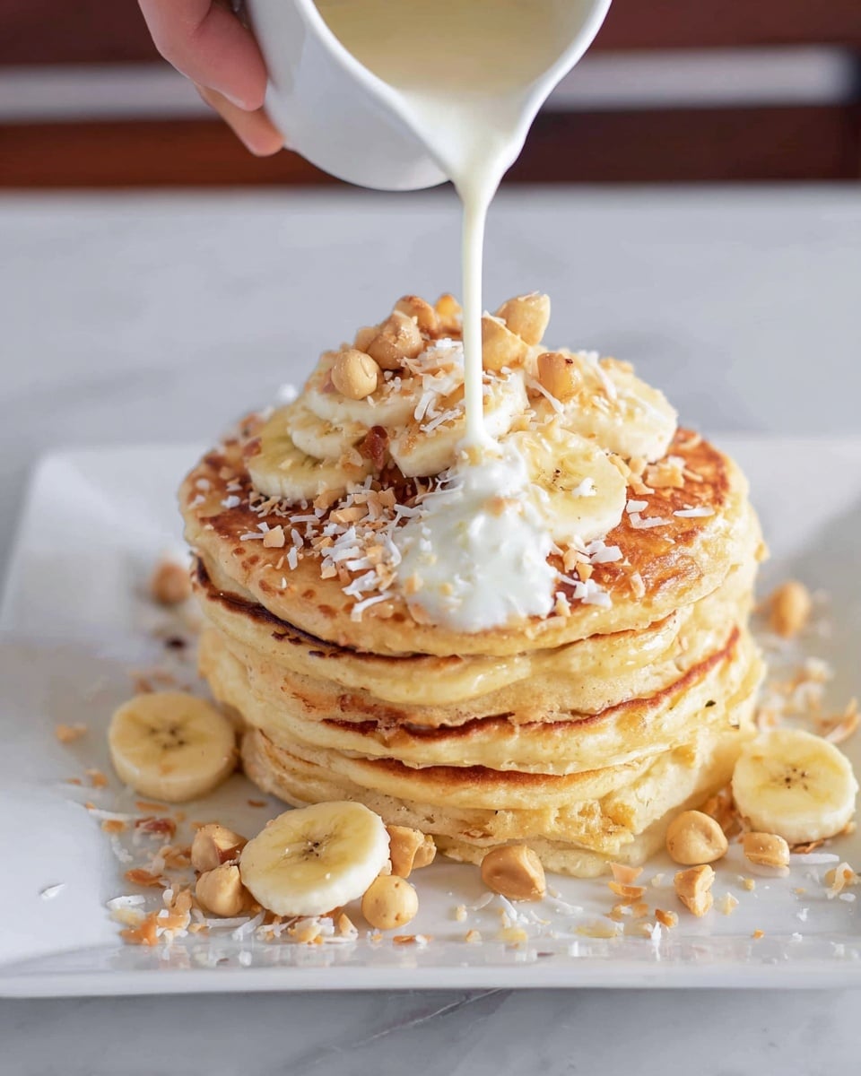 A stack of five thick, golden brown pancakes sits on a white square plate over a white marbled surface, topped with sliced banana pieces and sprinkled with shredded coconut and whole macadamia nuts. At the very top, a few bananas and nuts form a small mound as a woman's hand pours creamy white sauce over them, creating a smooth drizzle. Some scattered banana slices and coconut flakes fall around the base of the pancakes, adding a textured look to the dish. photo taken with an iphone --ar 4:5 --v 7