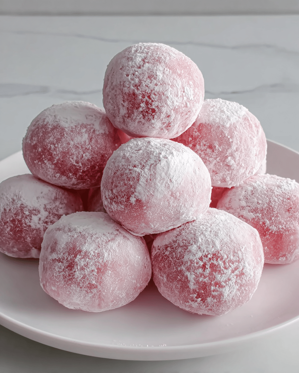 A white plate holds a pile of nine round pink mochi balls dusted generously with white powdered sugar, giving them a soft, powdery look. Each mochi ball has a smooth, slightly shiny pink surface beneath the powder, making them appear soft and chewy. The mochi are stacked closely, with some balls resting on top of others, creating a small mound of pastel pink treats. The plate sits on a white marbled surface that adds a clean, bright background to the image. photo taken with an iphone --ar 4:5 --v 7