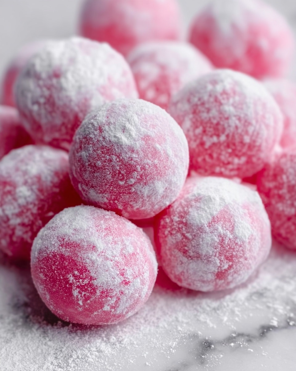 The image shows many small, round pink mochi balls covered with a layer of white powder, giving them a soft and slightly rough texture. The mochi balls are tightly grouped, with some powder scattered around them on a white marbled surface. Each mochi ball has a smooth, shiny pink base underneath the powder, creating a contrast between the bright pink and the white dusting. photo taken with an iphone --ar 4:5 --v 7