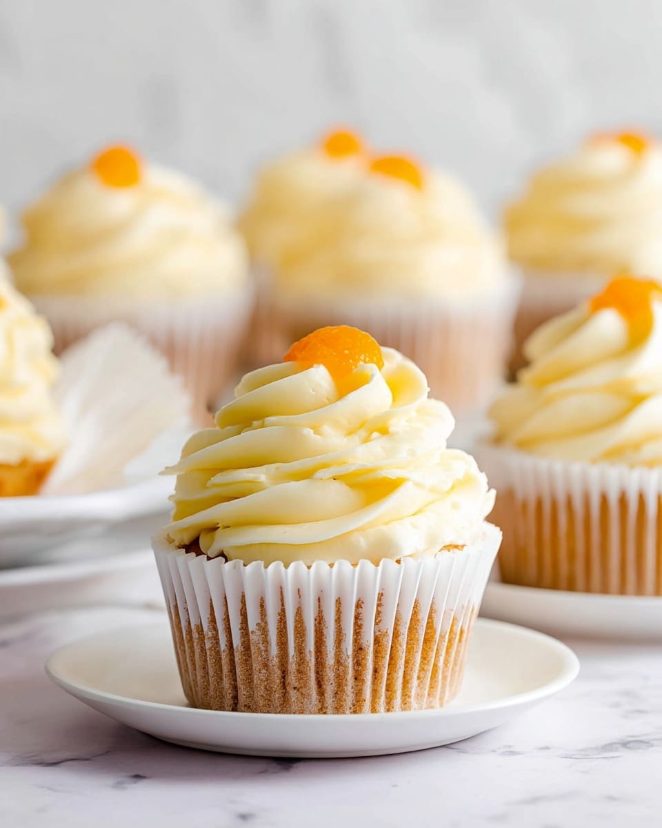 A close-up view of a cupcake with a light brown base and white paper liner, topped with a thick swirl of creamy pale yellow frosting that forms multiple smooth layers, finished with a small dollop of bright orange topping on the peak. In the background, several similar cupcakes are softly blurred, placed on white plates on a white marbled surface. The overall look is clean and bright, emphasizing the soft texture of the frosting and the contrast of colors. photo taken with an iphone --ar 4:5 --v 7
