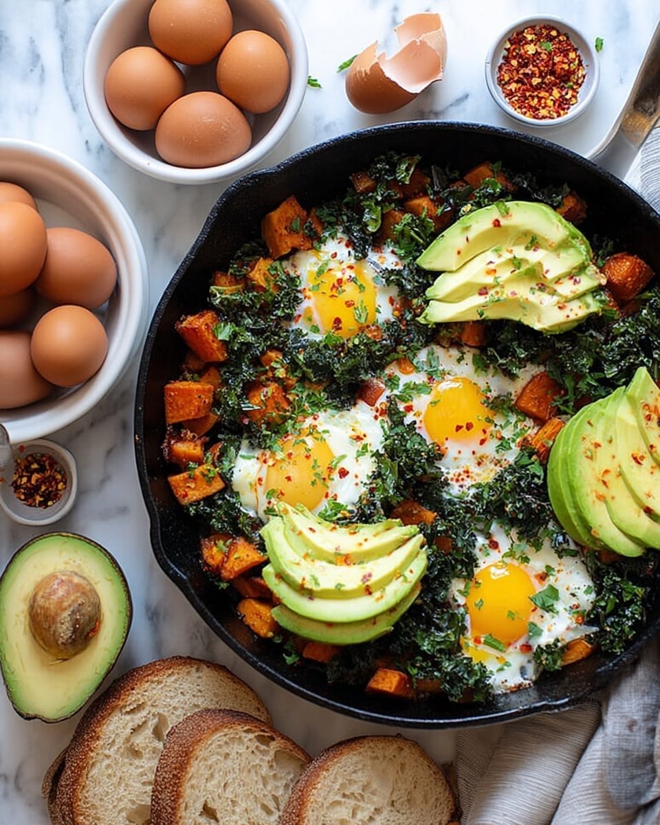 A cast iron pan filled with a colorful dish made of five cooked eggs with bright yellow yolks in the center, surrounded by roasted orange sweet potato cubes and dark green leafy kale. On top, there are several slices of fresh avocado, light green with a smooth texture, scattered across the pan. The dish is sprinkled with finely chopped bright green herbs and some red pepper flakes for extra color. The pan sits on a white marbled surface, next to a white bowl filled with brown eggs, a small white bowl with red chili flakes, slices of beige crusty bread, and a halved avocado showing its seed. Photo taken with an iphone --ar 4:5 --v 7