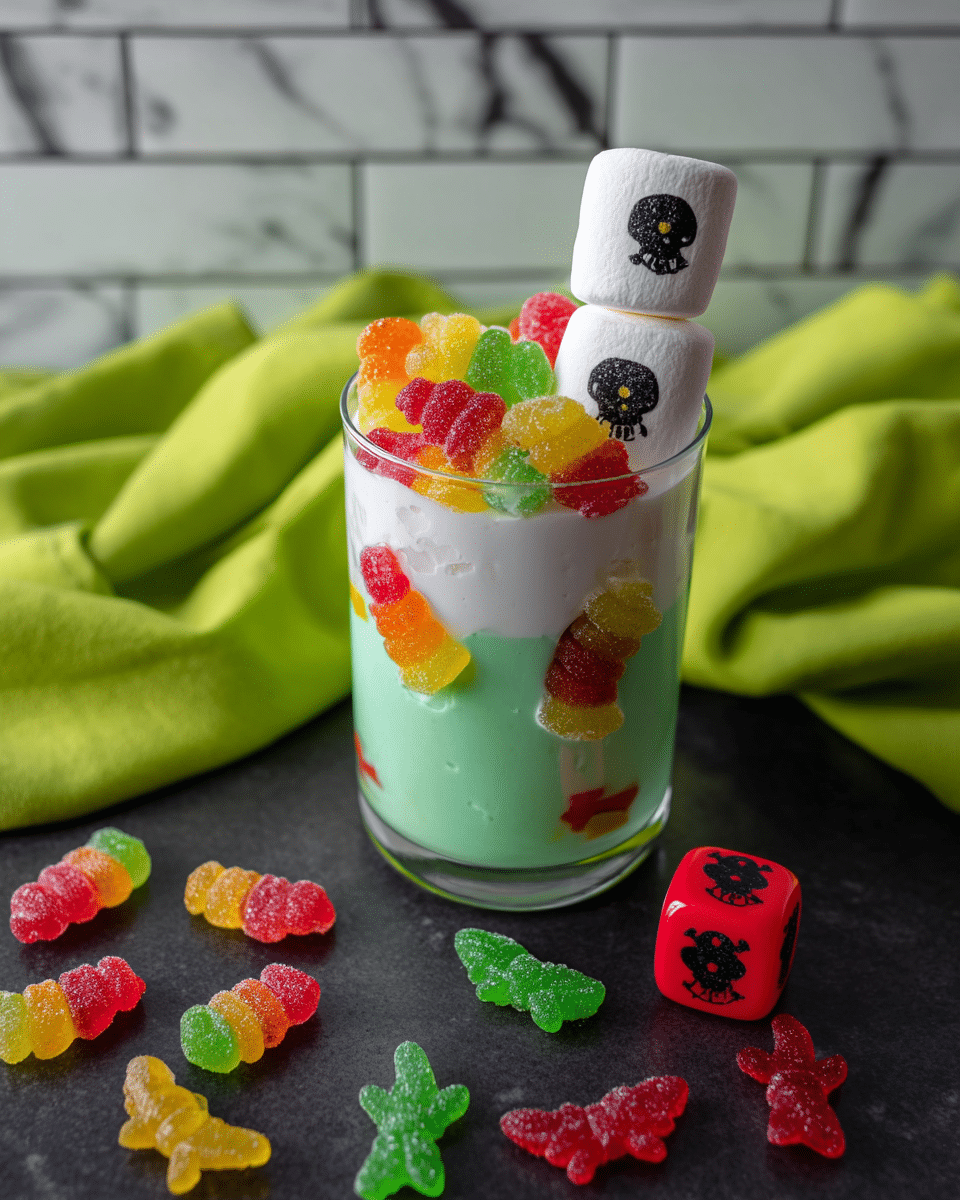 A clear glass filled with three layers: the bottom layer is light green and smooth, the middle layer is foamy white, and the top layer is a mix of colorful gummy candies including red, yellow, green, and orange worms and bears spilling over the rim. Two large white marshmallows with black skull designs are stacked and placed on the right side of the glass. Around the glass on a dark surface are scattered more gummy candies in similar bright colors, butterflies, and worms, along with two red dice featuring black designs. A lime green cloth is softly draped in the background against a white marbled texture. photo taken with an iphone --ar 4:5 --v 7