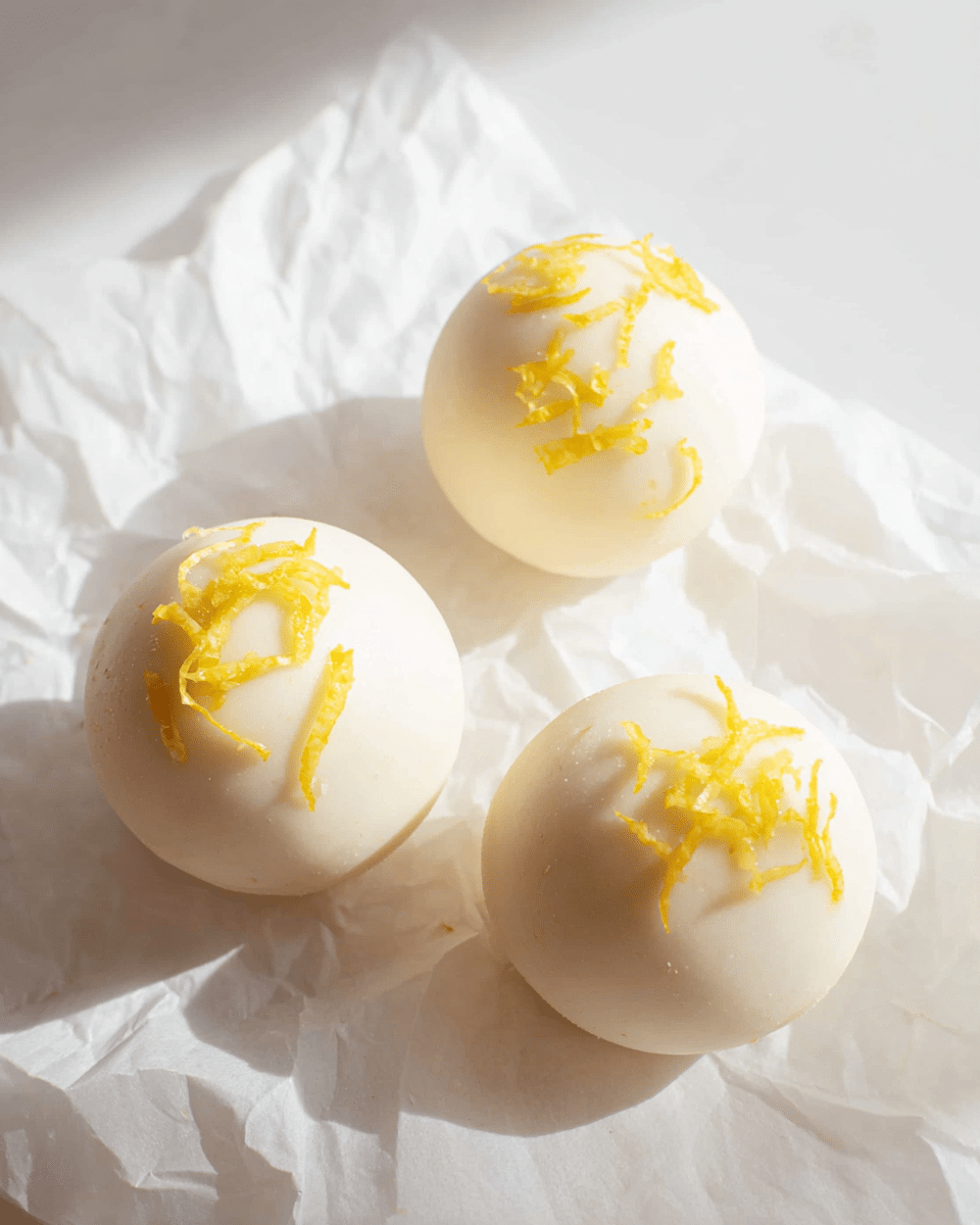 Three round balls covered in smooth white coating lie on a crinkled white paper with a white marbled background. Each ball is topped with small thin yellow strips, likely lemon zest. One ball is slightly open showing a crumbly, pale beige inner layer that looks dense and soft. The balls are arranged close together, with the open one in the middle and the other two flanking it. photo taken with an iphone --ar 4:5 --v 7