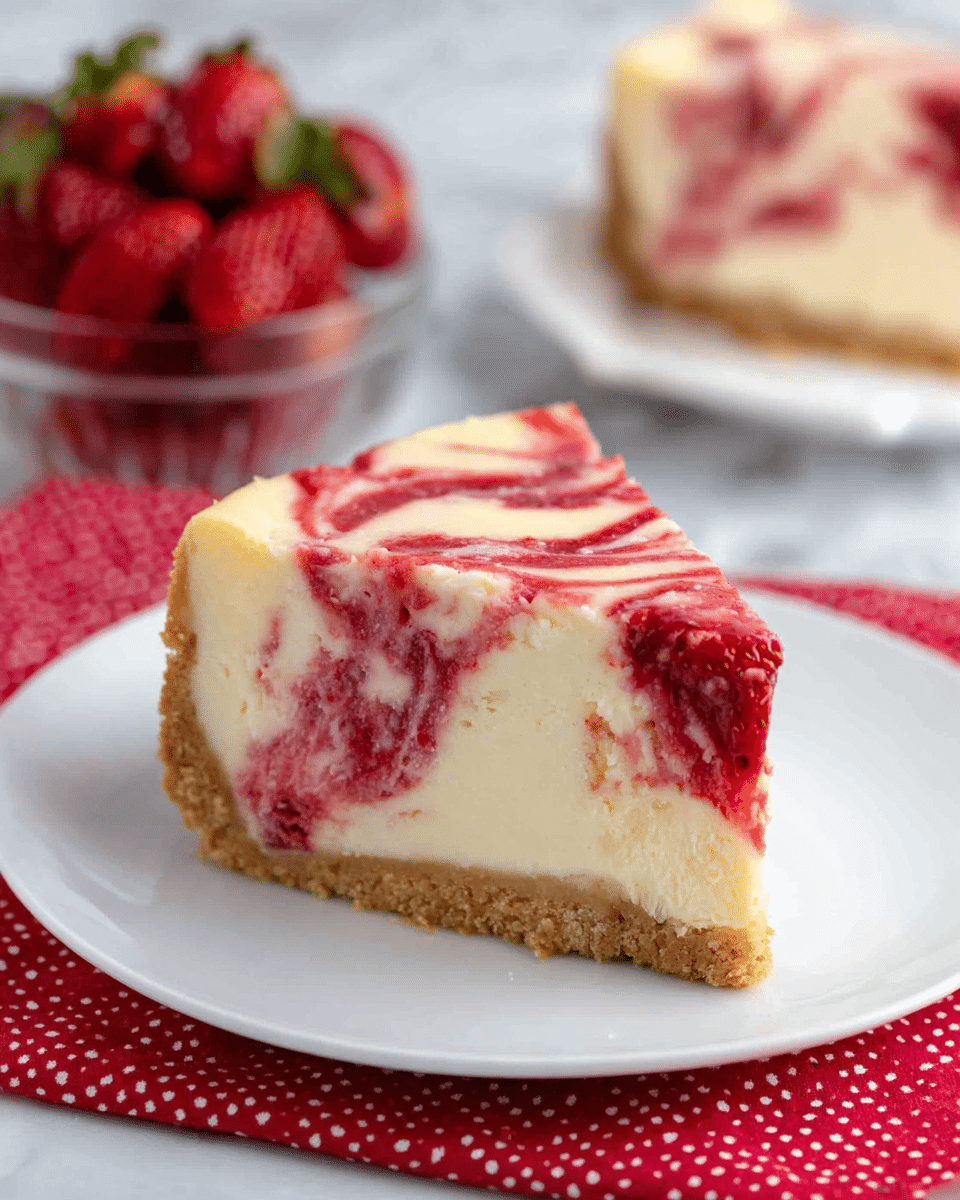 A slice of cheesecake is shown on a white plate, placed on a red cloth with small white dots, over a white marbled surface. The cheesecake has three visible layers: a light brown crumbly crust at the bottom, a thick creamy white middle layer, and a top layer with swirled red and white patterns, likely strawberry sauce mixed into the cream. The red swirls are uneven and spread throughout the creamy top layer, giving a marbled look. In the background, there is another slice of cheesecake on a white plate and a clear bowl filled with fresh, red strawberries, all set on the same white marbled surface. Photo taken with an iphone --ar 4:5 --v 7