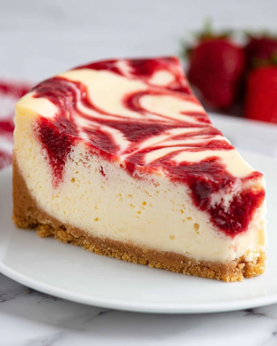 A cheesecake with three layers is shown on a white plate over a white marbled surface. The bottom layer is a golden-brown crumb crust that looks firm. Above that is a thick, pale cream-colored cheesecake layer with a smooth texture and tiny bubbles. The top layer is a swirl of creamy white and deep red strawberry sauce, mixed in a marbled pattern that covers the whole surface. Fresh red strawberries are partially seen in the background near the top edge of the cheesecake. Photo taken with an iphone --ar 4:5 --v 7