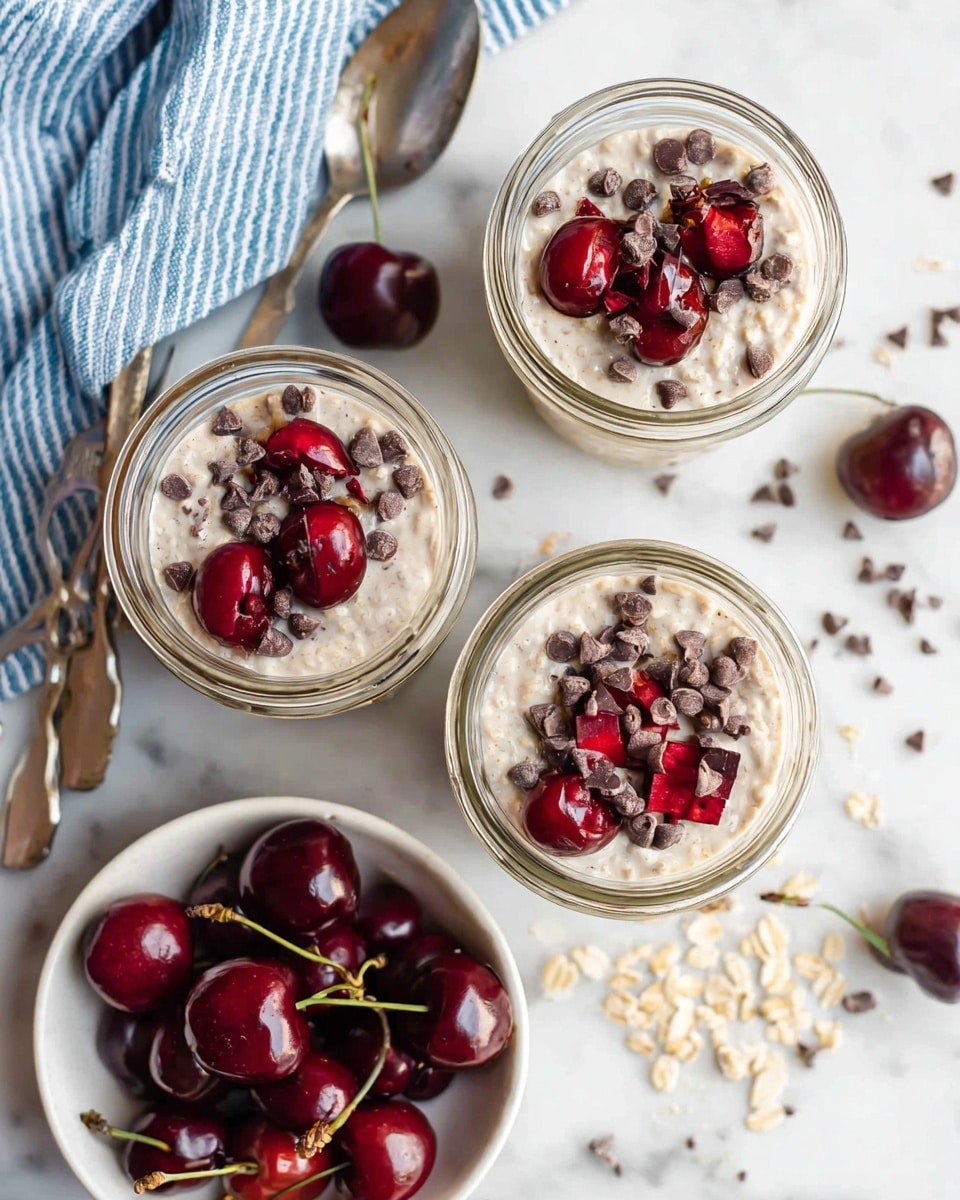 Three clear glass jars filled with a creamy, light beige overnight oats mixture topped with small dark brown chocolate chips and bright red chopped cherries. Each jar has these two toppings arranged side by side on the top. Next to the jars is a white bowl filled with whole dark red cherries with stems. The items are set on a white marbled surface with scattered chocolate chips and oat flakes around. A silver spoon is placed near the jars, and a blue and white striped cloth is partly visible in the top left corner. photo taken with an iphone --ar 4:5 --v 7