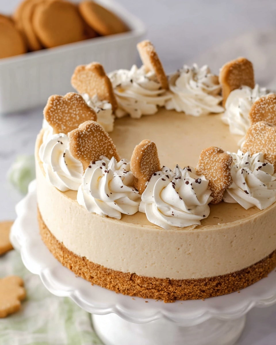 The image shows a slice of gingerbread cheesecake on a white plate with a decorative edge, placed on a white marbled surface. The cheesecake has three layers: a bottom layer of dense brown crust, a thick middle layer of light brown creamy cheesecake with tiny flecks, and a smooth, pale beige top layer that looks mousse-like. On top of the slice, there is a swirl of white whipped cream decorated with dark specks on each side, and in the center, a golden-brown gingerbread cookie covered with coarse sugar crystals sticks up. The background is softly blurred with hints of green and white, and a silver fork sits to the right of the plate. photo taken with an iphone --ar 4:5 --v 7