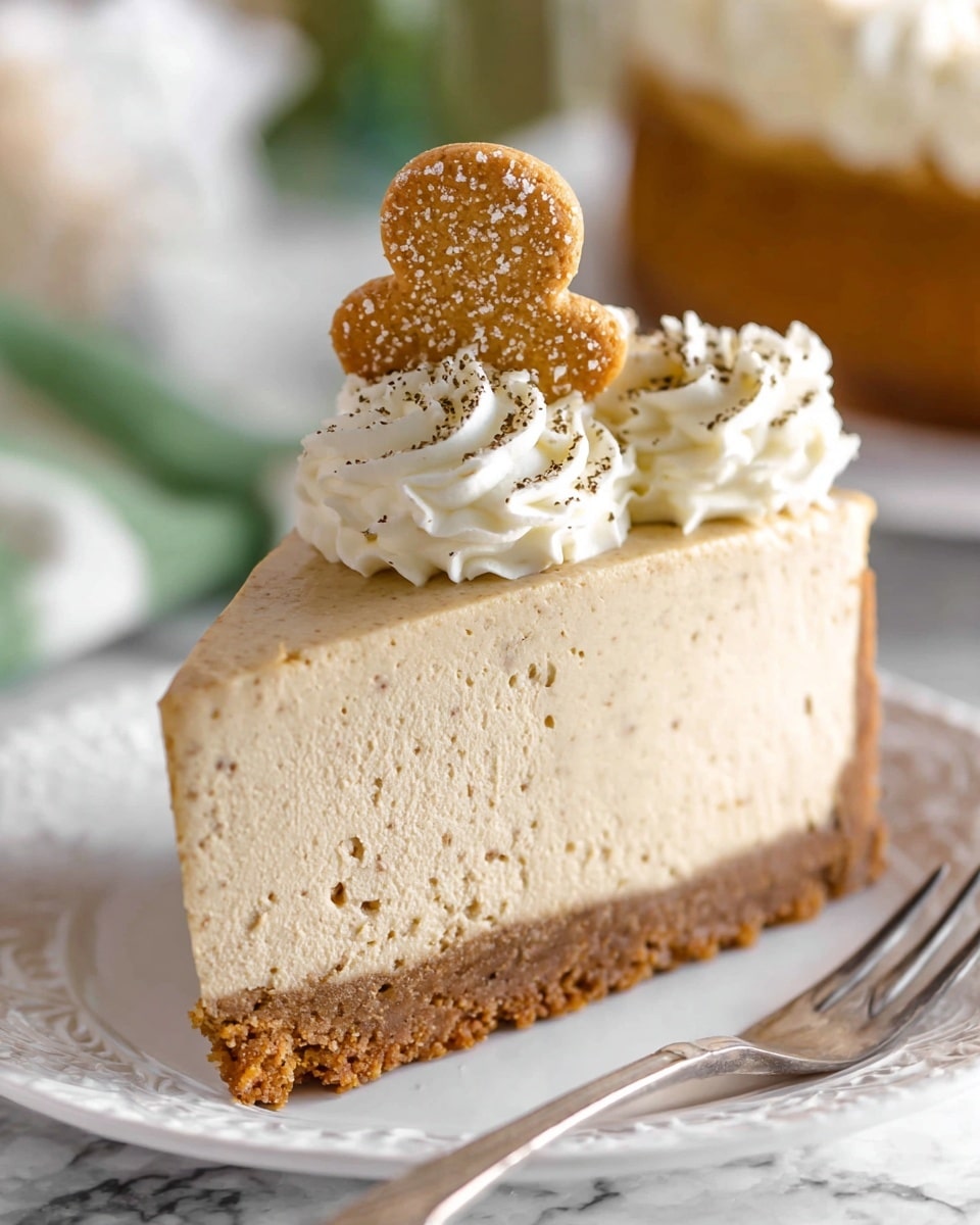 A round two-layered cake is shown with a thick, crumbly light brown base layer and a smooth, creamy pale beige top layer. Around the edge of the top layer, there are evenly spaced swirls of white whipped cream with tiny dark specks, each swirl topped with a light brown cookie shaped like mittens sprinkled with coarse sugar. The cake is placed on a white scalloped edge cake stand, all set on a white marbled surface. In the background, a white rectangular dish holds more light brown cookies. photo taken with an iphone --ar 4:5 --v 7