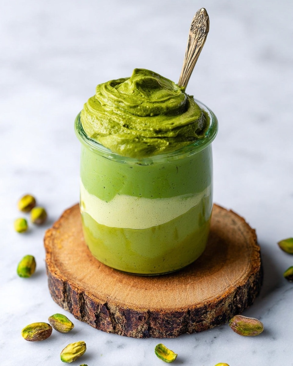 A clear glass jar filled with three visible layers of green pistachio cream, starting with a darker green bottom layer, a lighter green middle layer, and a darker green top layer that is thickly spread with a textured surface and a spoon sticking out from the center. The jar sits on a rough wooden round slice, with scattered green pistachio nuts around it on a white marbled surface. The overall look is fresh and creamy with vibrant green tones. photo taken with an iphone --ar 4:5 --v 7