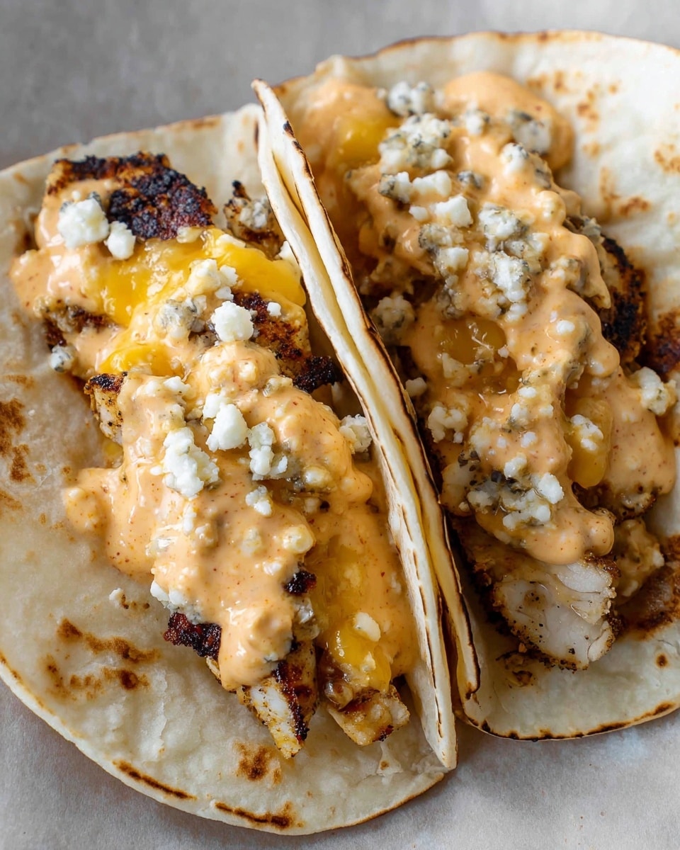 Two soft white corn tortillas, lightly toasted with small brown spots, each folded to hold the fillings inside. Inside the first visible taco, there is a layer of grilled chicken with dark charred edges, topped with melted yellow cheese and small white crumbles of cheese. Over this, there is a creamy orange sauce with visible specks, covering the chicken and cheese unevenly. The second taco has a similar filling but with more chicken visible beneath the sauce and cheese crumbles. Both tacos serve on a sheet that looks like plain white marbled texture beneath them. photo taken with an iphone --ar 4:5 --v 7