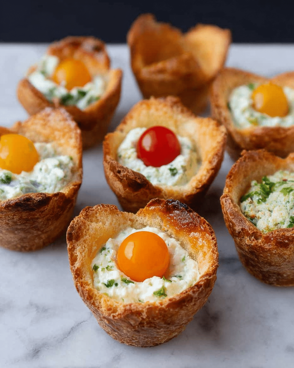 The image shows six small toasted bread cups arranged on a white marbled surface. Each cup has a golden-brown, crispy texture and a hollow center filled with a creamy white filling mixed with green herbs. On top of three cups, there are bright colorful toppings: two have orange cherry tomato halves and one has a red cherry tomato half, all placed neatly in the center. The other three cups are empty, clearly showing their toasted, cup-shaped bread shell. photo taken with an iphone --ar 4:5 --v 7