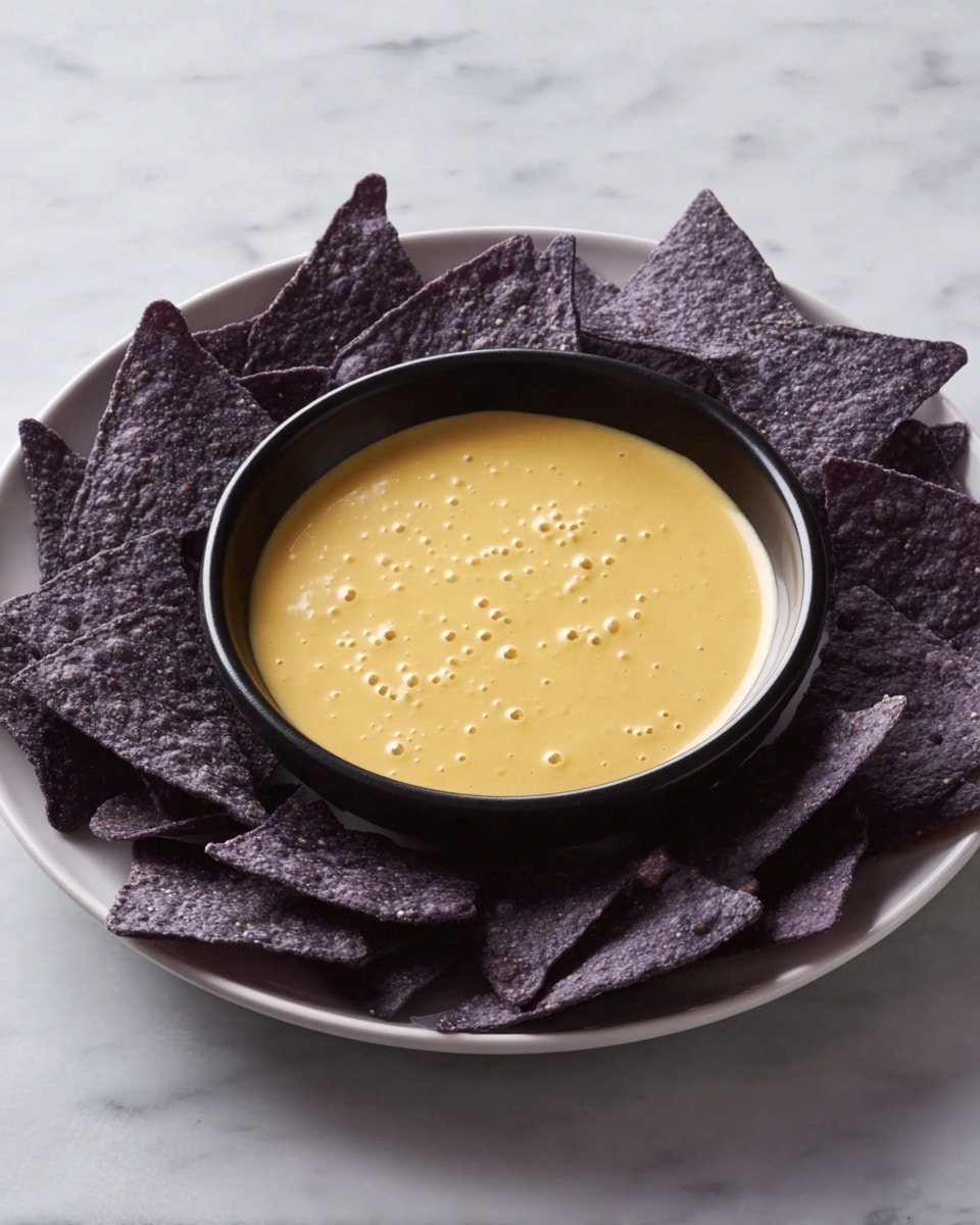 A white round plate holds a black bowl filled with creamy yellow cheese dip that has small bubbles on its smooth surface. Surrounding the bowl is a single layer of dark blue corn tortilla chips, arranged in a ring around the bowl, showing rough texture and uneven shapes. The plate sits on a white marbled surface. photo taken with an iphone --ar 4:5 --v 7