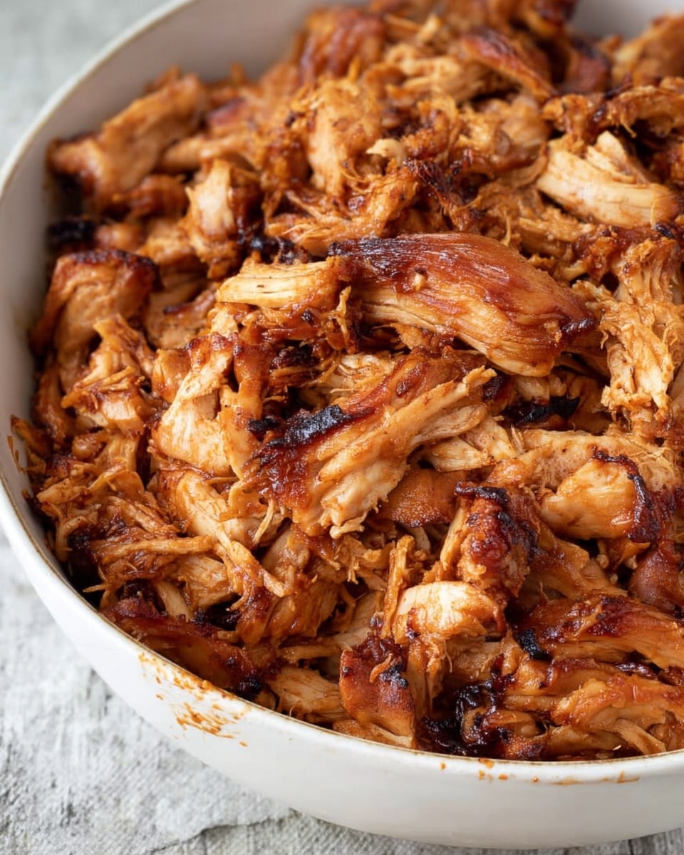 A close-up view of a white bowl full of cooked shredded chicken pieces with a rich brown color and slightly charred edges. The chicken is layered unevenly with textures showing both moist and crispy parts, some pieces are larger while others are pulled into thin strands. The bowl's inner rim shows faint sauce stains, adding to the rustic, homemade feel. The background is a white marbled texture. photo taken with an iphone --ar 4:5 --v 7