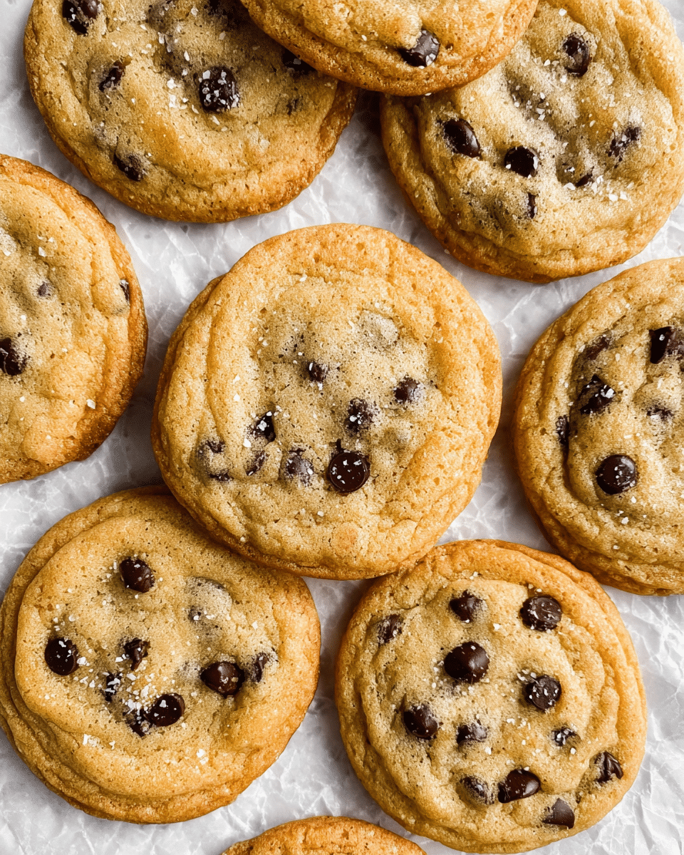 The image shows a close-up of several round chocolate chip cookies arranged closely on a white marbled surface. Each cookie is golden brown with a slightly crisp edge and a soft, textured center filled with dark chocolate chips scattered evenly throughout. The cookies have a light sprinkle of sugar or salt crystals on top, adding a slight sparkle and texture contrast. The background is crinkled white parchment paper that adds depth to the smooth and slightly bumpy cookies. photo taken with an iphone --ar 4:5 --v 7