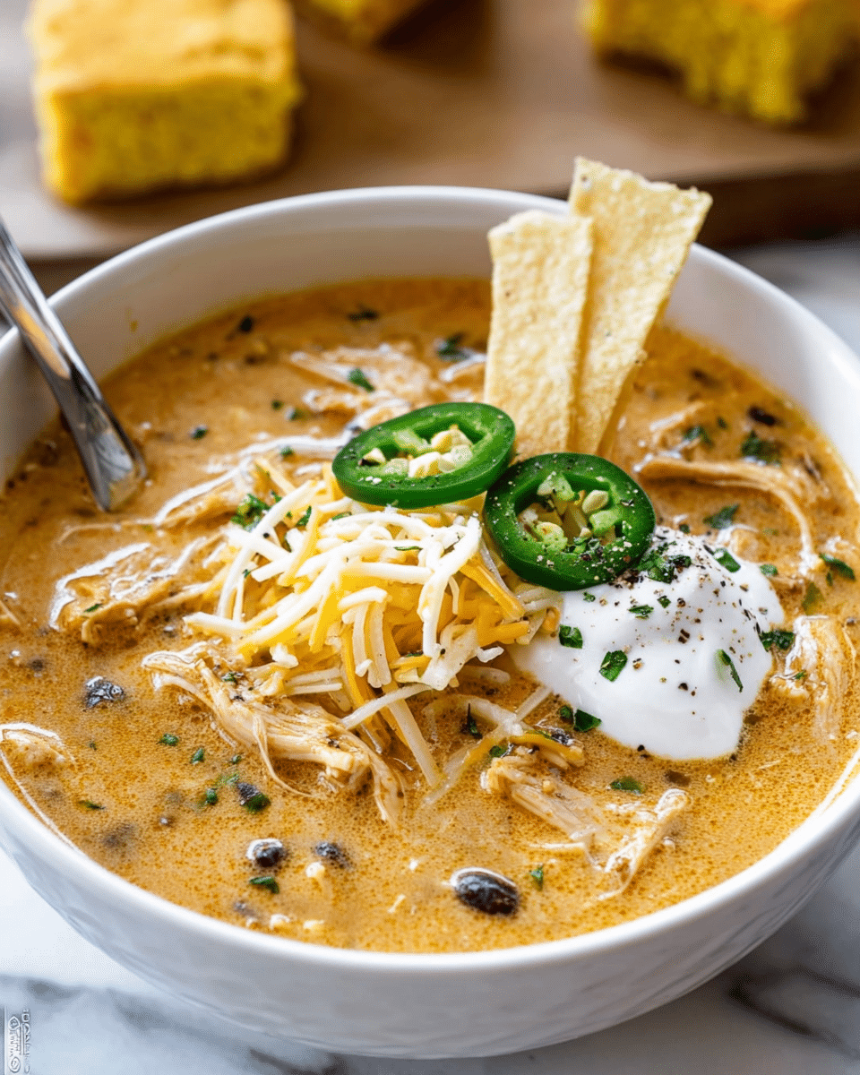 A white bowl filled with creamy orange soup that has shredded chicken and black beans visible throughout. On top, there are thin shredded yellow and white cheese strands piled near two light beige crispy tortilla chips standing upright. Three green jalapeño slices lay on the surface of the soup next to a dollop of white sour cream sprinkled with a bit of black pepper and tiny green herbs. The bowl sits on a white marbled surface with yellow cornbread pieces in the blurred background. A metal spoon handle peeks out at the left edge of the bowl. Photo taken with an iphone --ar 4:5 --v 7