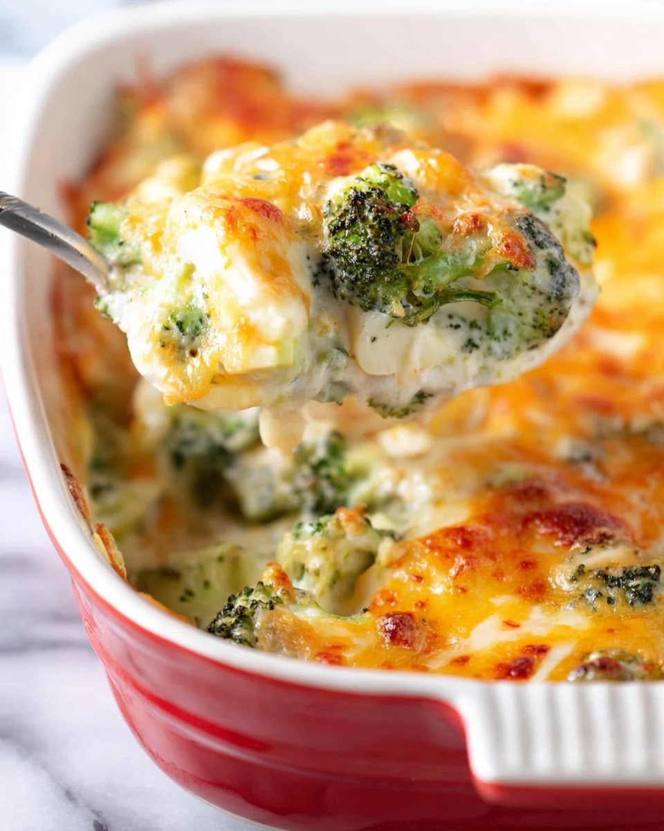A close-up of a spoon lifting a creamy broccoli casserole from a white casserole dish with a red outer rim, sitting on a white marbled surface. The casserole has layers including bright green broccoli florets, a thick layer of melted golden-yellow cheese with some browned spots on top, and a smooth creamy sauce binding it all together. The broccoli is chunky and mixed evenly into the cheesy, creamy texture, showing a mix of slightly crispy and soft textures. photo taken with an iphone --ar 4:5 --v 7