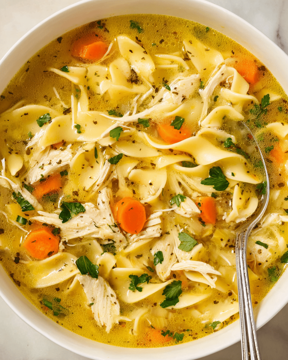 A close-up view of a bowl filled with chicken noodle soup placed on a white marbled surface. The soup has a golden-yellow broth with visible herbs sprinkled throughout. Inside the soup are thick, wavy egg noodles in pale yellow, shredded white chicken pieces, slices of orange carrots, and light green celery pieces. Fresh green parsley leaves float on the surface, adding a touch of color contrast. A silver spoon rests inside the bowl on the right side, partially submerged in the broth. The white bowl has a smooth texture and a simple round shape. photo taken with an iphone --ar 4:5 --v 7