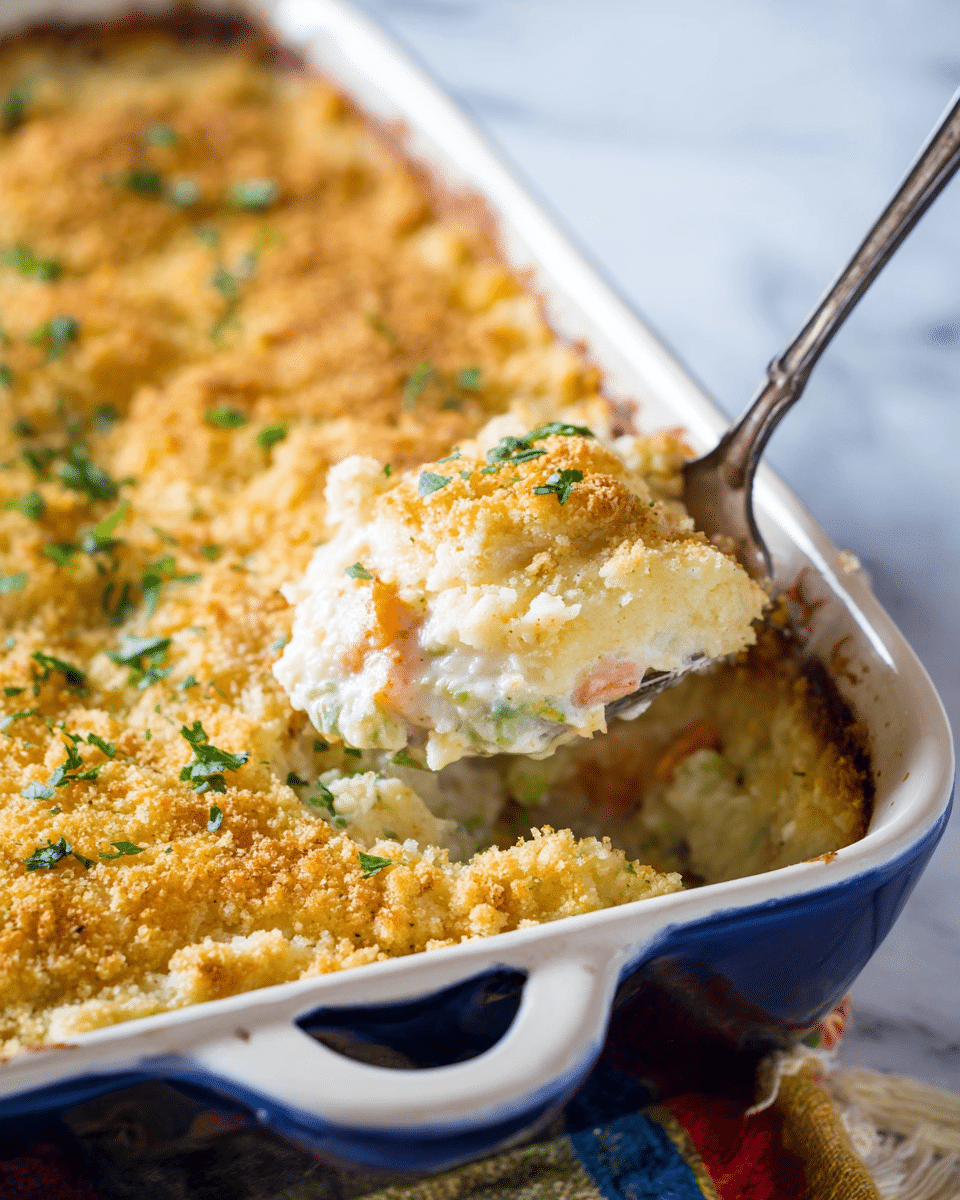 A close-up view of a creamy casserole dish in a white baking dish with blue handles, placed on a white marbled surface with a colorful cloth beneath it. The casserole has a golden, crumbly top layer sprinkled with chopped green herbs. Beneath this crust, a thick, white creamy sauce is visible, mixed with small pieces of orange and green vegetables. A spoon lifts a portion of the casserole, showing a soft, fluffy texture and chunks of filling inside. A woman's hand holds the spoon with an old-fashioned silver handle. photo taken with an iphone --ar 4:5 --v 7