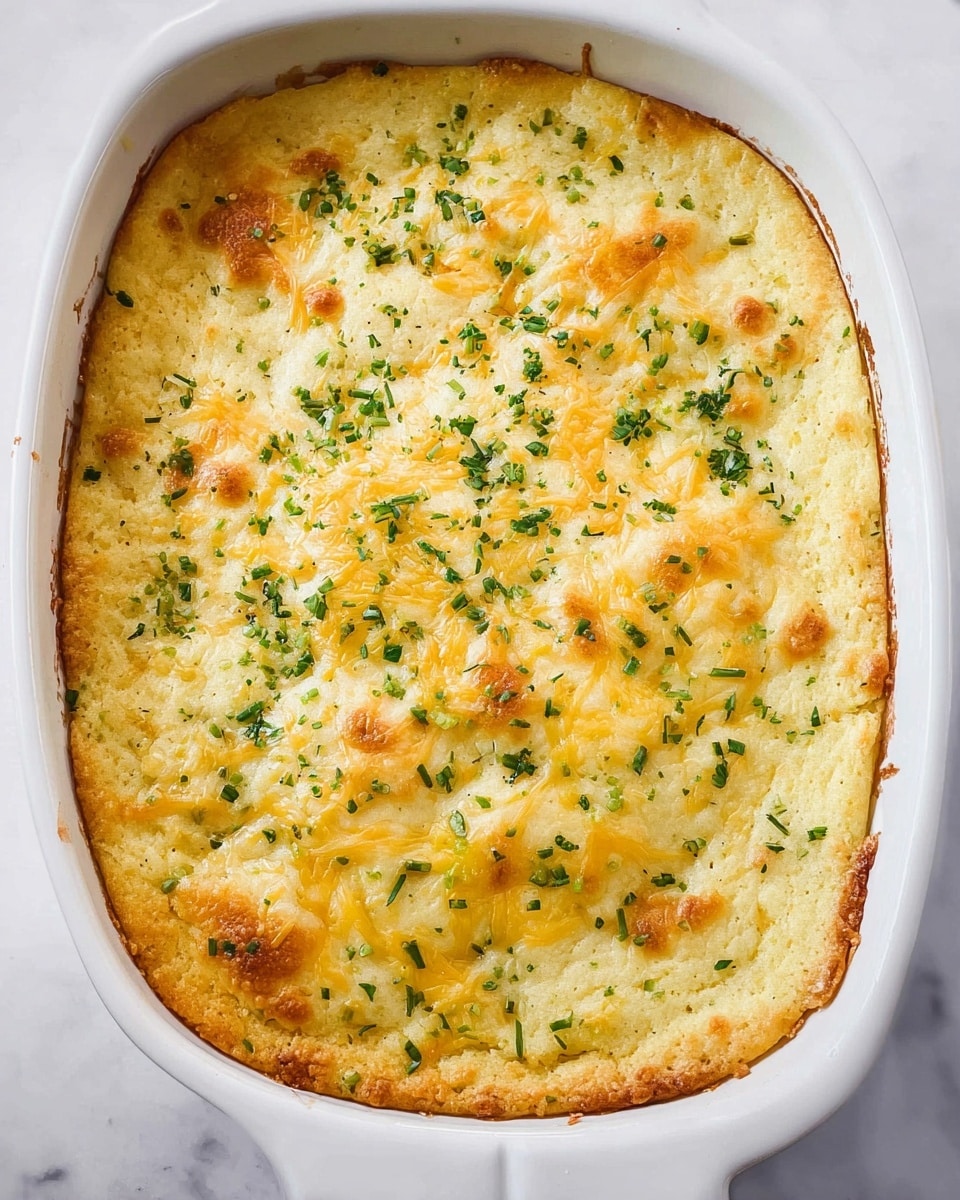A white baking dish filled with a single thick layer casserole that has a golden-brown crust around the edges and a creamy, yellowish top scattered with melted cheese. The texture of the top layer is slightly uneven with small air pockets and is sprinkled with finely chopped green herbs all over. The dish is placed on a white marbled surface. photo taken with an iphone --ar 4:5 --v 7