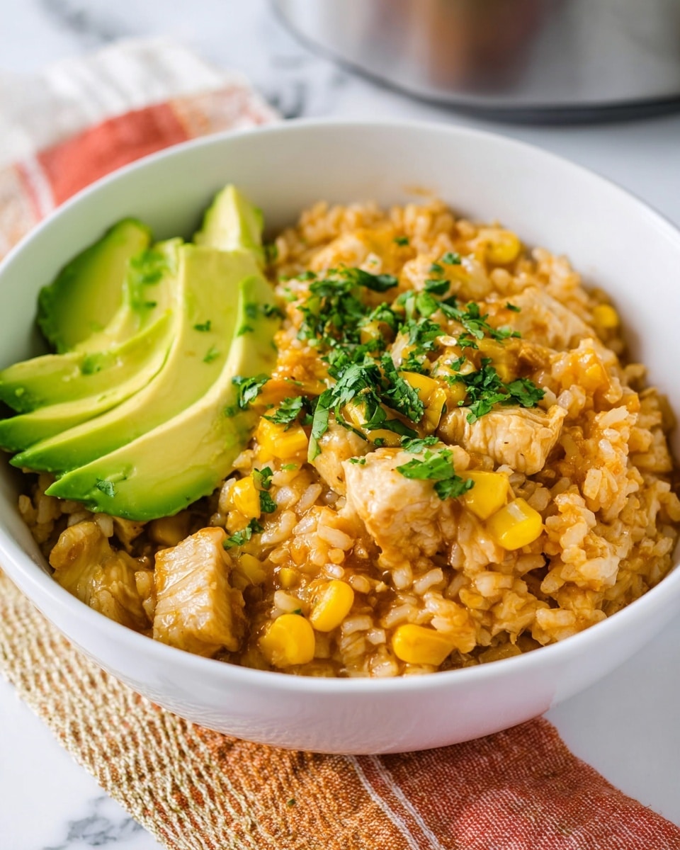 A white bowl filled with a two-layer dish, the bottom layer is a mix of soft, orange-brown rice with pieces of cooked chicken and yellow corn kernels, all covered in a lightly saucy texture. On top, there is a sprinkle of fresh green herbs adding color contrast. Resting on the side inside the bowl are slices of smooth avocado in light green shades. The bowl sits on a white marbled surface with part of a woven cloth visible under it. photo taken with an iphone --ar 4:5 --v 7