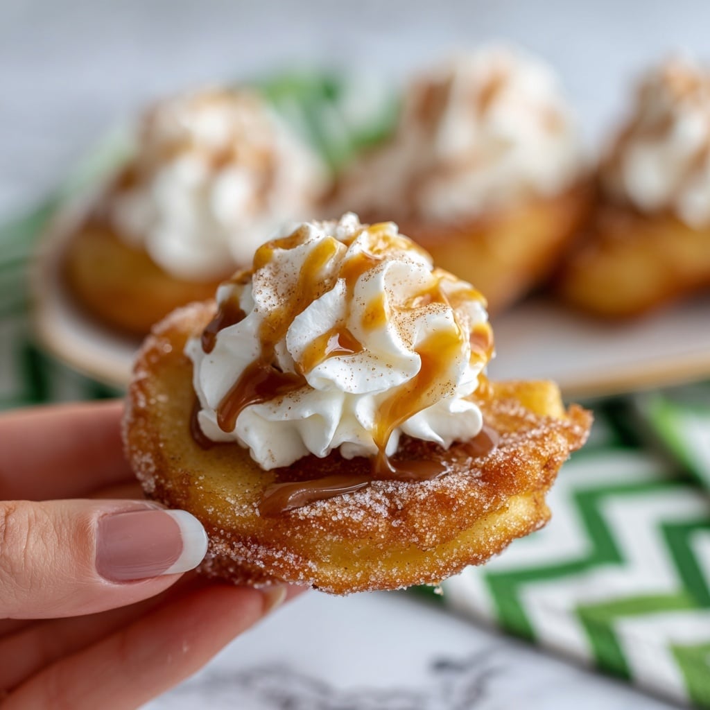 A close-up of a cinnamon roll held by a woman's hand, showing three visible layers: the outer dough layer coated with cinnamon sugar, a soft inner layer filled with cooked apple chunks, and a topping layer of white cream with some caramel drizzle. The cinnamon roll is golden brown with a slightly crispy texture on the outside, creamy and soft on the inside, with the apple filling peeking out. The background is blurred but shows more cinnamon rolls on a white plate and a green zigzag patterned cloth with red tomatoes in the background, all placed on a white marbled surface. Photo taken with an iphone --ar 4:5 --v 7