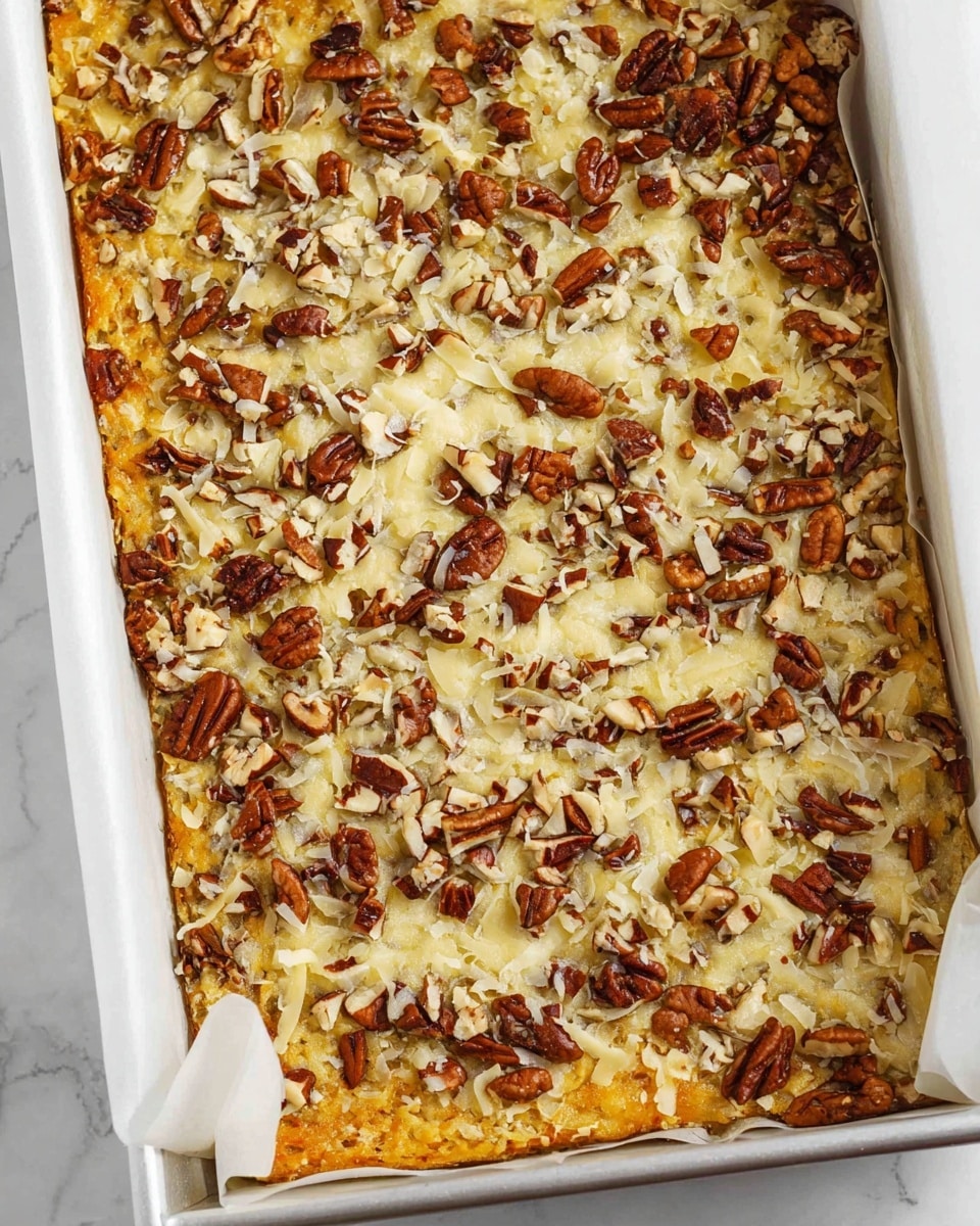 A close-up view of a baked dish with a single thick layer showing a golden-brown crust on the edges, topped with a mix of shredded light-yellow cheese and unevenly scattered chunks of brown and white pecans. The surface texture is slightly rough with melted cheese blending into the nuts. The dish is inside a white baking tray lined with parchment paper, all set on a white marbled surface. Photo taken with an iphone --ar 4:5 --v 7