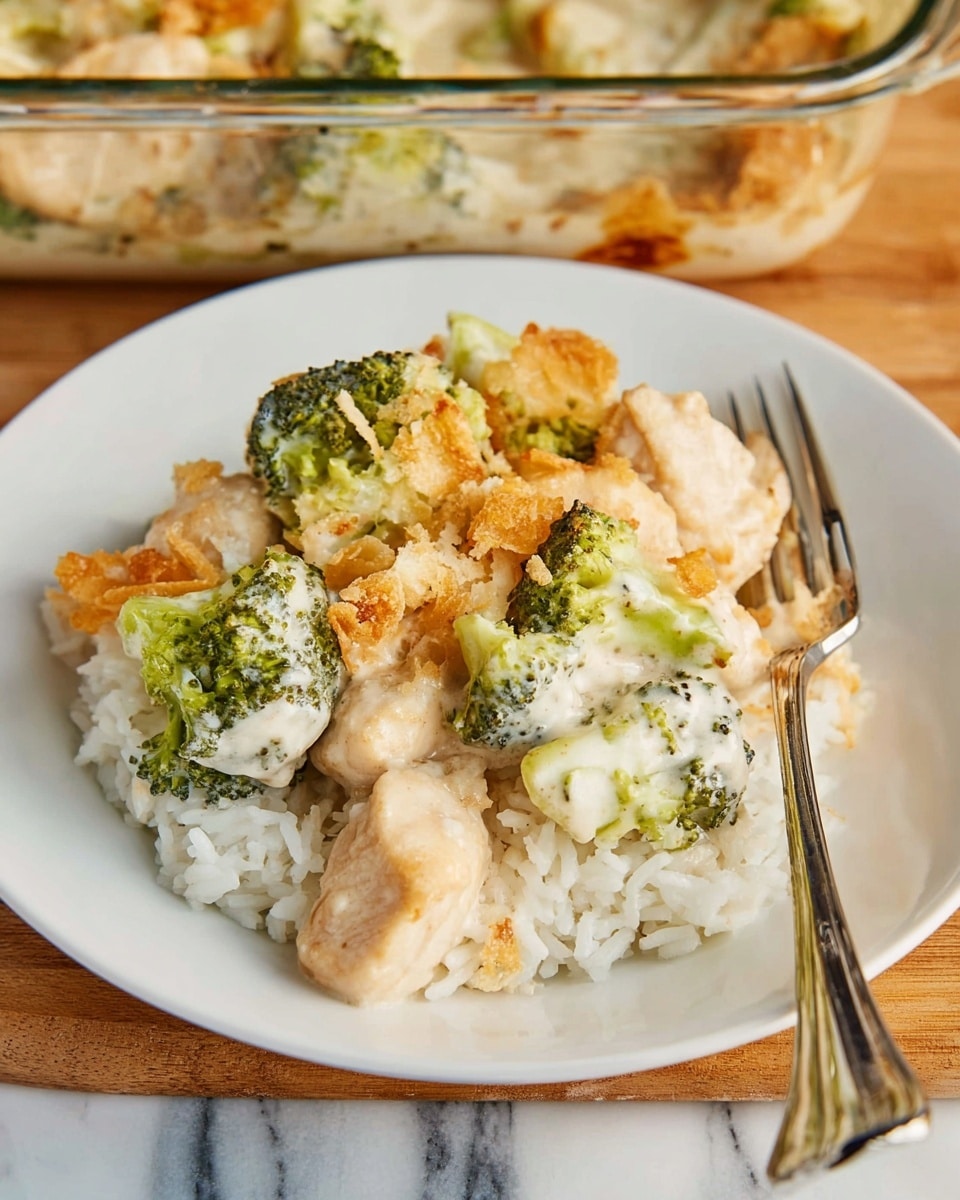 The image shows a close-up of a creamy casserole dish in a clear glass baking dish on a white marbled surface. The casserole has several layers: the base layer consists of green broccoli florets and light-colored chicken chunks, both covered in a thick, white creamy sauce. On top, there is a golden-brown crumbly crust that adds texture and color contrast to the dish. A silver spoon lifting a serving reveals the mixture of chicken, broccoli, sauce, and crispy topping. The overall look is rich and comforting, with a mix of soft and crunchy textures. photo taken with an iphone --ar 4:5 --v 7