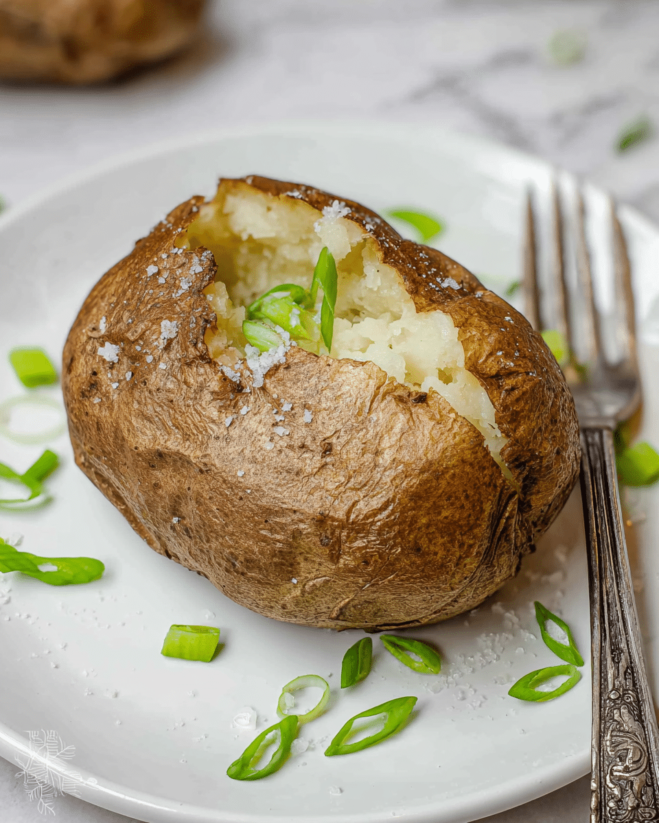 A baked potato sits at the center of a white plate on a white marbled surface, with a thick rough brown skin covered lightly in coarse salt and a large opening revealing soft, pale yellow, slightly crumbly potato inside. Around the potato, there are small pieces of bright green chopped scallions scattered on the plate. To the right of the potato, a tarnished silver fork with detailed engravings lays on the plate’s edge. photo taken with an iphone --ar 4:5 --v 7