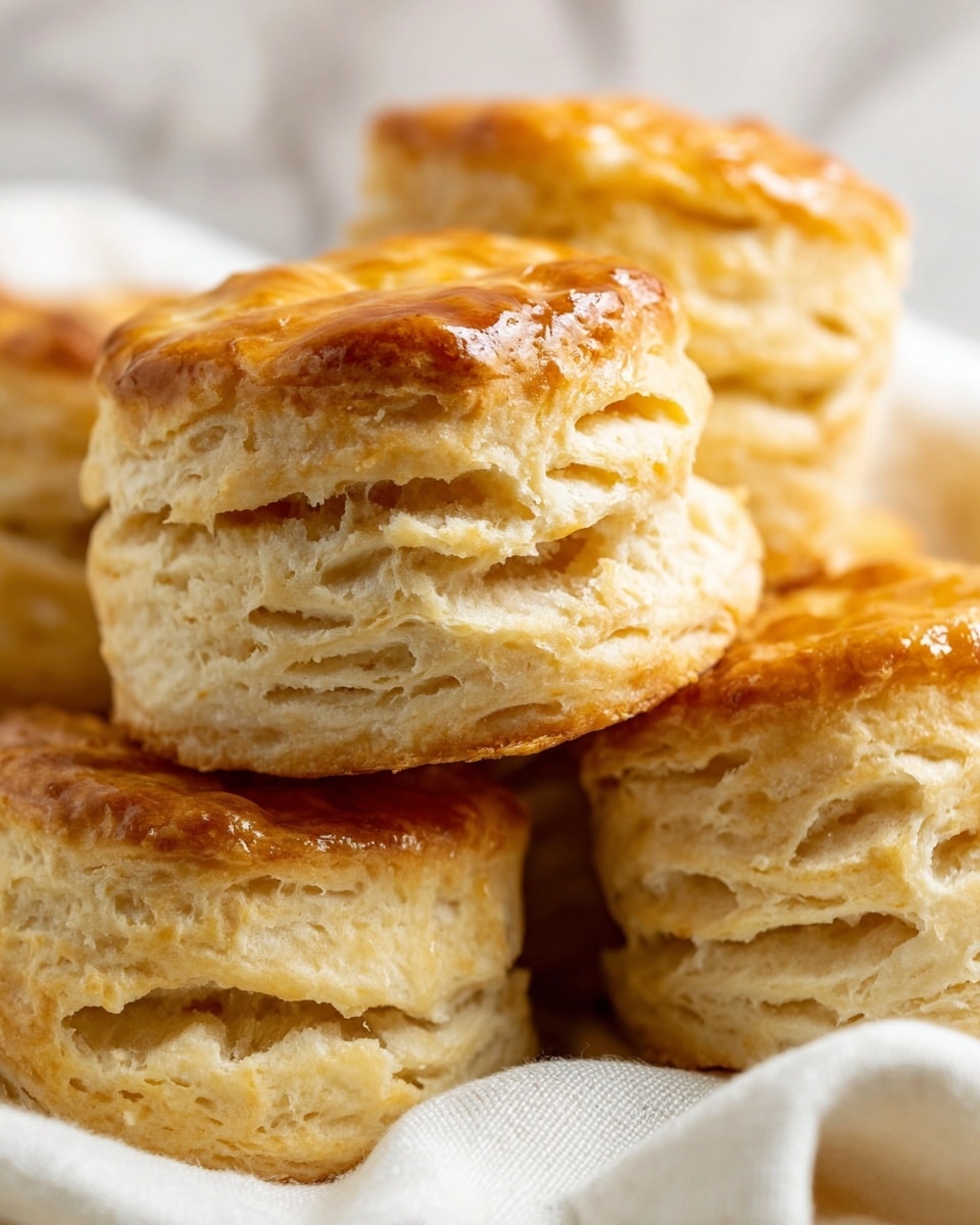 A close-up image of a stack of golden brown biscuits with a shiny, slightly crispy top layer. Each biscuit has multiple soft, flaky layers visible from the side, showing a light beige, airy texture inside. The biscuits are stacked closely together on a white cloth, set against a white marbled surface in soft, natural light. The image captures the warm, inviting look of freshly baked biscuits. photo taken with an iphone --ar 4:5 --v 7