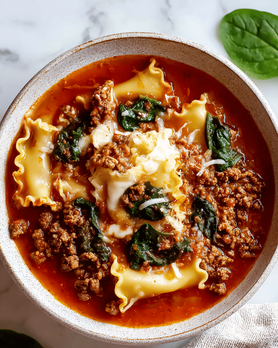 The dish is a bowl of lasagna soup with three main layers visible: the bottom layer is a rich red tomato broth filling the bowl, the middle layer consists of rolled lasagna noodles that are pale yellow with ruffled edges, and the top layer is a mix of cooked ground beef, melted white cheese, and dark green spinach leaves, scattered evenly. The bowl is white with a slightly textured edge, set on a white marbled surface, and there is a small bit of green spinach leaf on the surface next to the bowl. Photo taken with an iphone --ar 4:5 --v 7