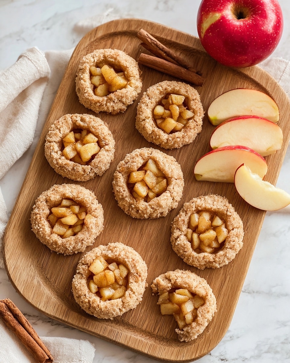 A wooden board holds eight round cookies that each have a crumbly, light brown base with a hollow center filled with small, soft, golden apple pieces. The cookies are arranged loosely on the board, with one cookie slightly separated from the rest. On the right side of the board, three thin apple slices lay flat, next to two cinnamon sticks. Behind them is a whole red apple sitting on a white cloth napkin. The background is a white marbled surface. Photo taken with an iphone --ar 4:5 --v 7