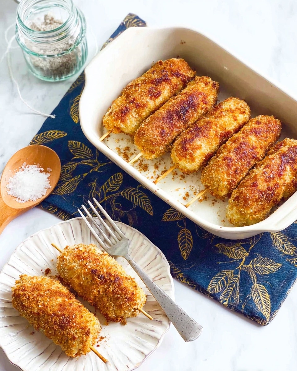 The image shows five breaded meat skewers with a golden brown, crispy texture, arranged side by side inside a white casserole dish placed on a dark blue cloth with light leaf patterns. One skewer is served on a small white plate with a subtle ridged edge, placed in front of the dish. A silver fork rests next to the skewer on the plate. Nearby, a wooden spoon with coarse salt is laid on the white marbled surface, with a glass jar of salt beside it. The overall scene is bright and clean, highlighting the crunchy texture and warm color of the skewers. Photo taken with an iphone --ar 4:5 --v 7