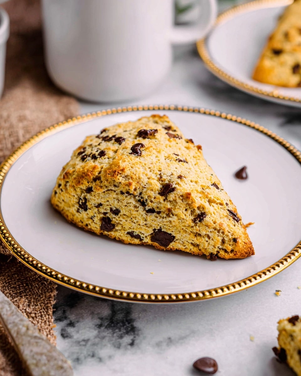 A single golden brown triangular scone with visible dark chocolate chips spread throughout rests on a white plate with a gold beaded edge. The scone has a slightly rough, crumbly texture with a firm, baked crust. The background shows a white marbled surface with some scattered crumbs around the plate. In the blurred background, part of another similar plate and a white mug are visible along with a tan textured cloth. photo taken with an iphone --ar 4:5 --v 7