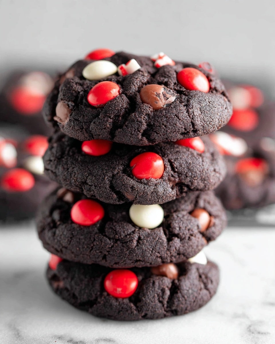 A stack of four dark chocolate cookies sits on a white marbled surface. Each cookie is thick and soft with a cracked texture, dotted with bright red and white candy-coated chocolates embedded on the top and sides. The cookies in the background are blurred out, making the stack the clear focus of the image. photo taken with an iphone --ar 4:5 --v 7