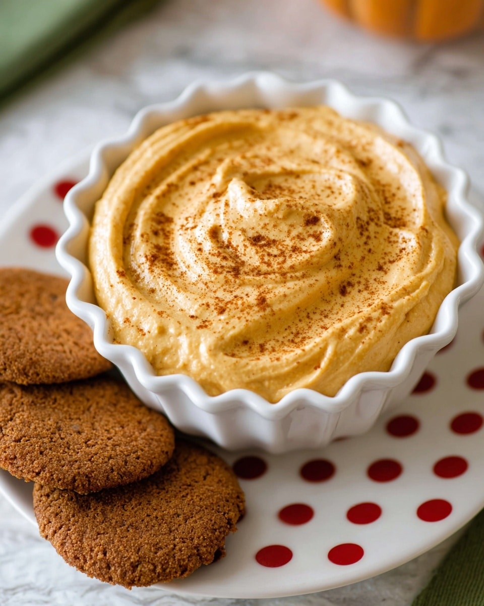 A white scalloped bowl filled with a smooth, creamy pumpkin-colored dip sprinkled lightly with brown spice powder on top, showing swirl patterns in the creamy texture. The bowl is placed on a white plate with red and white polka dots, with three textured brown cookies leaning against the bowl on the left side. The surface beneath is a white marbled texture, with soft-focus elements in the background. photo taken with an iphone --ar 4:5 --v 7