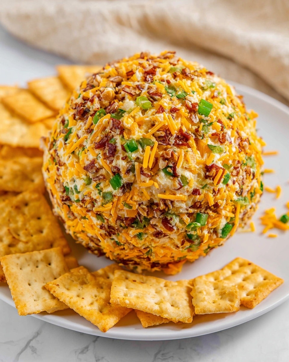 A round cheese ball covered in a mix of shredded orange cheddar cheese, chopped green bell peppers, and small brown nut pieces, sitting on a white plate with a few square salted crackers around it. The cheese ball's surface is textured and colorful with orange, green, and brown bits spread evenly. The background is a soft white marbled texture with a beige cloth slightly blurred behind. Photo taken with an iphone --ar 4:5 --v 7
