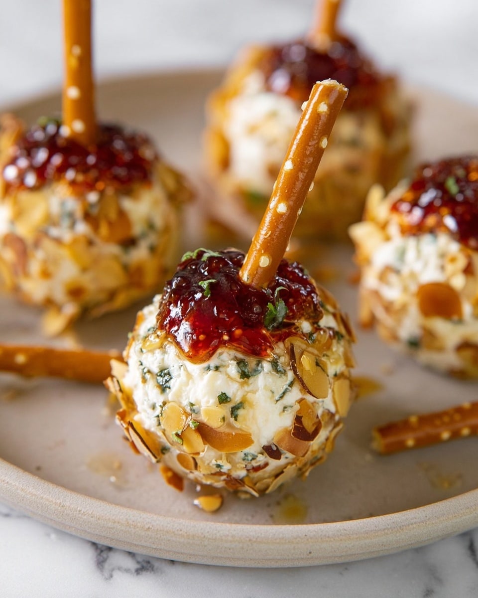 The image shows small round balls covered in white cheese mixed with herbs and coated in light toasted almond slices around the sides. Each cheese ball has a shiny reddish jelly topping with a golden syrup drizzle that slightly runs down, and a crunchy pretzel stick is pushed into the top center of the ball. The cheese balls are placed on a white plate with a light beige tint, and the background is a white marbled texture. photo taken with an iphone --ar 4:5 --v 7