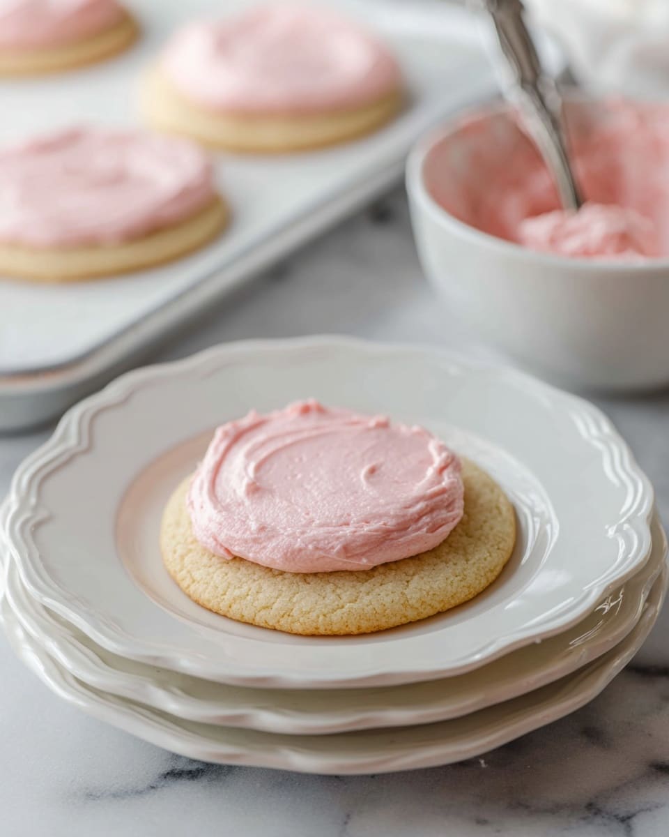A single round sugar cookie sits on a stack of three white plates with a wavy edge. The cookie is light golden brown with a slightly rough texture and topped with a thick, even layer of smooth, pale pink frosting spread neatly on top. In the background, more similar cookies with pink frosting rest on a white baking tray, slightly out of focus, next to a white bowl filled with the same pink frosting and a spoon inside it. The whole scene is set on a white marbled surface. photo taken with an iphone --ar 4:5 --v 7