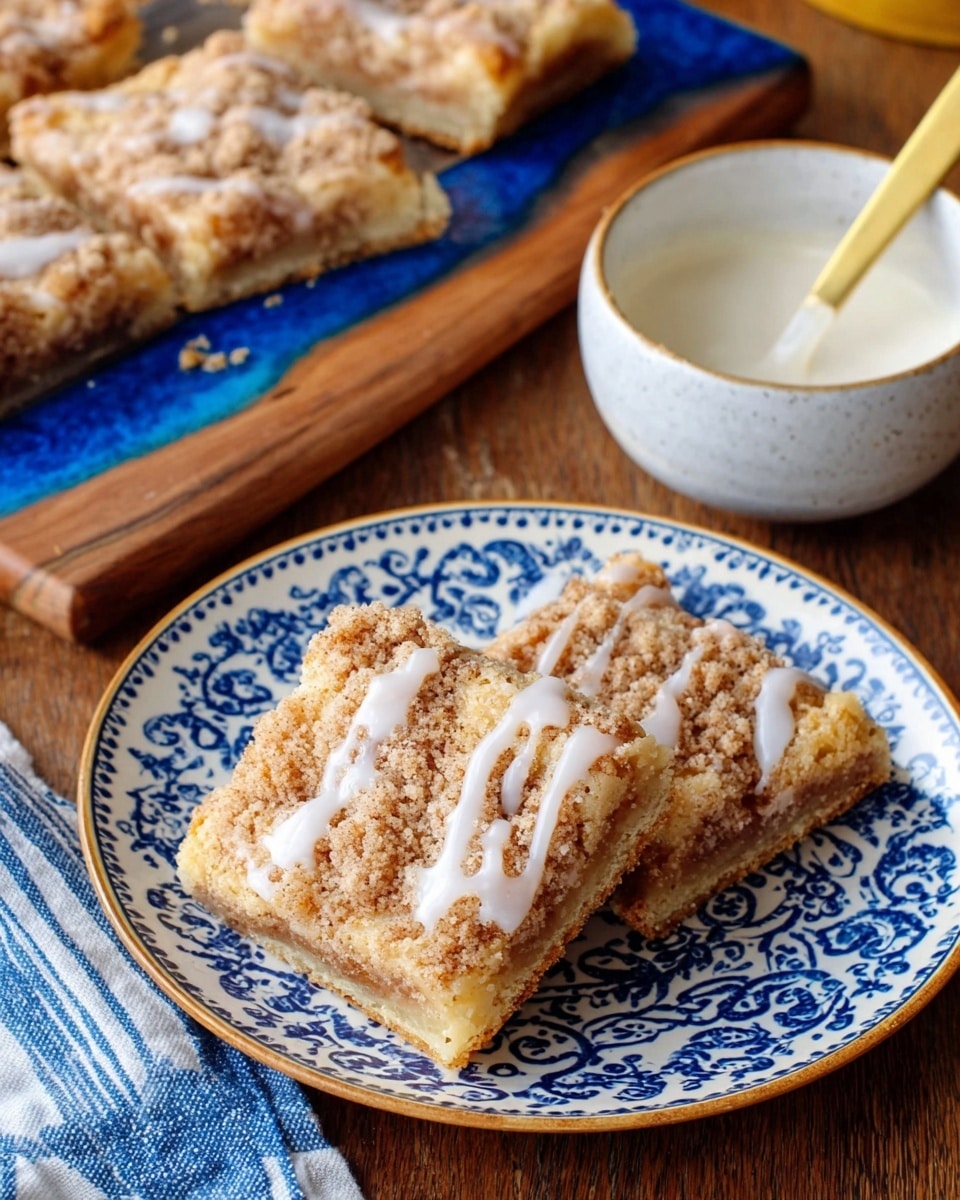 Two square cinnamon crumb bars sit on a white plate with a blue decorative pattern. Each bar has a light golden base layer of soft dough topped with a thick crumble layer that is light to dark brown with a coarse texture. A drizzle of white icing runs unevenly over the crumb topping. The plate rests on a wooden surface next to a white bowl filled with more white icing and a gold spoon inside. In the background, a wooden cutting board with blue resin holds more crumb bars. A blue-striped cloth napkin is seen by the bowl. Photo taken with an iphone --ar 4:5 --v 7